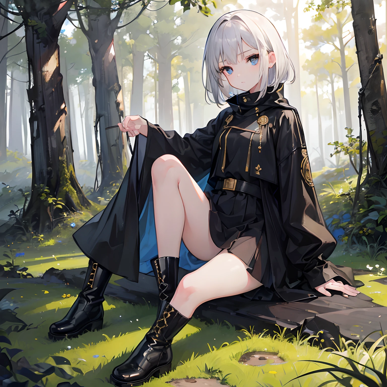 1girl, high resolution, masterpiece, extremely detailed, realistic, small, short, (), slender, extremely cute face, cute eyes, golden eyes, big eyes, sharp eyes, sharp face, beautiful, soft skin, smooth skin, oversized black coat, black boots, in forest, looking around, short white hair, fragile