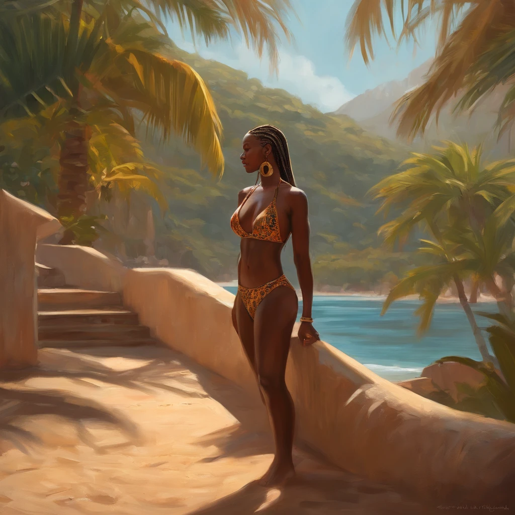 Foto de corpo inteiro, A obra de arte mais bonita do mundo, ((genial)) Mulher africana negra, ((African braids)), ((Woman in bikini)), cabelo crespo, (Sat: 1.2), (de_lado: 1.3), Majestic oil painting by Ed Brinkie, Atey Ghailan, por Ghibli studio, Poljeremy Mann, Greg Manxadinho, Antonio Moro, Trend at Artstation, trend in CGSociety, intrincado, High detail, foco nítido, Dramatic, Arte de pintura fotorrealista de Midjourney e Greg Rutkowski