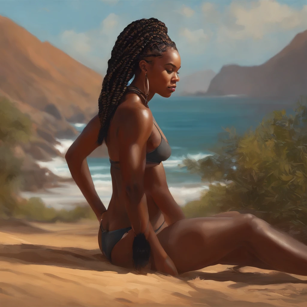 Foto de corpo inteiro, A obra de arte mais bonita do mundo, ((genial)) Mulher africana negra, ((African braids)), ((Woman in bikini)), cabelo crespo, (Sat: 1.2), (de_lado: 1.3), Majestic oil painting by Ed Brinkie, Atey Ghailan, por Ghibli studio, Poljeremy Mann, Greg Manxadinho, Antonio Moro, Trend at Artstation, trend in CGSociety, intrincado, High detail, foco nítido, Dramatic, Arte de pintura fotorrealista de Midjourney e Greg Rutkowski