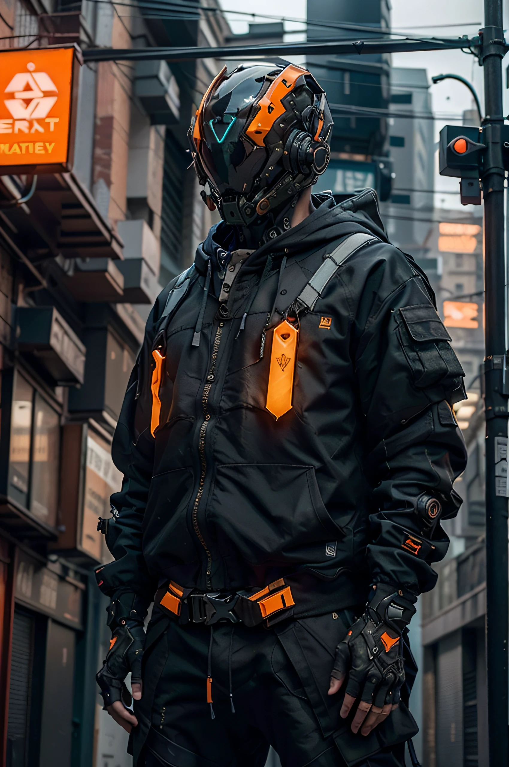 (obra maestra, plano de cuerpo completo, Intricate raw photography)Ciudadano cyberpunk, Oversized extra asymmetrical black hoodie, pantalones cargo negros, ropa negra, oscura, tactical gloves, el lleva puesto un cyberhelmet futurista color negro de alta tecnologia, brillante, algo parecido a daftpunk,  muy intrincado, Small LED details, Advanced technology closed helmet, ambiente oscuro, dramatico, luz y sombra, ((Kinematic, Black neon,))  action film, nitidez, neon-noir ciudad moderna, street neon lights, calle oscura, noche, foto de Insta, Photo of the Year, Epic resolution, Epic Quality, Epic sharpness, Intrincada epopeya,urban techwear,Reelmech