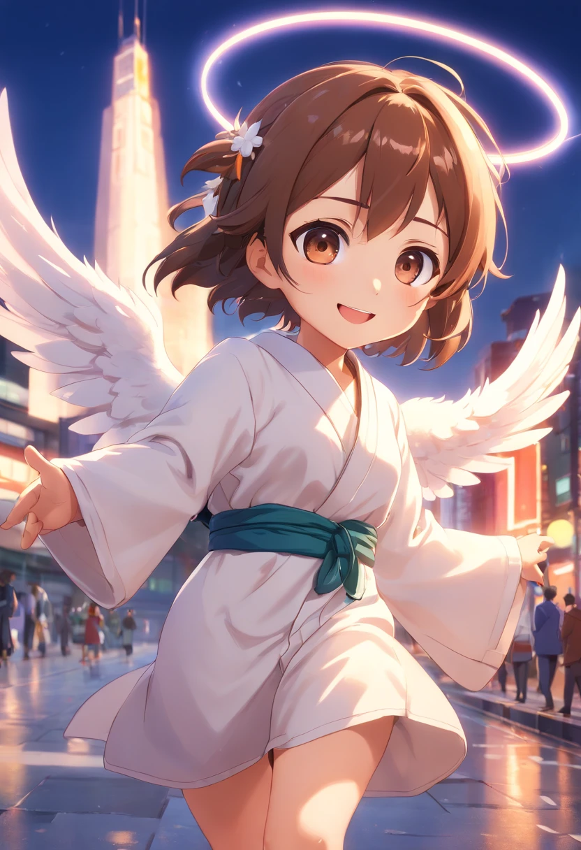 Pop Mart Blind Box IP、A smile、Close up of cute white robe doll、Young One Angel Style、Wear longer, Dress fluently、Lop style、Poseline doll、Little people々々々々々々々々。unreal enginee 5、Light 3D/C4D production: 8K HD quality/illuminating/Ultra-fine lens description 1.5、flawless、Chibi Background/Cinematic。colourfull