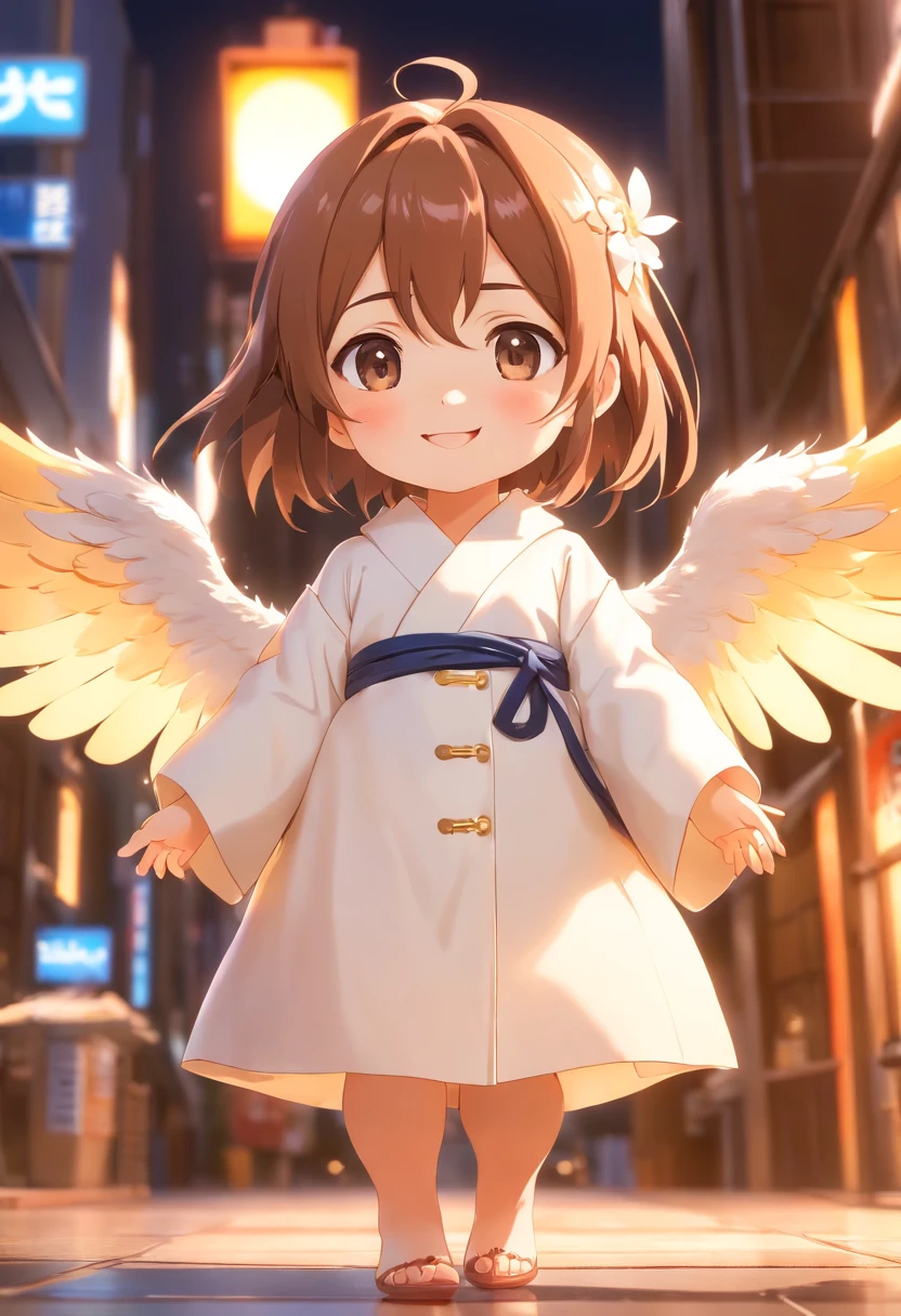 Pop Mart Blind Box IP、A smile、Close up of cute white robe doll、Young One Angel Style、Wear longer, Dress fluently、Lop style、Poseline doll、Little people々々々々々々々々。unreal enginee 5、Light 3D/C4D production: 8K HD quality/illuminating/Ultra-fine lens description 1.5、flawless、Chibi Background/Cinematic。colourfull