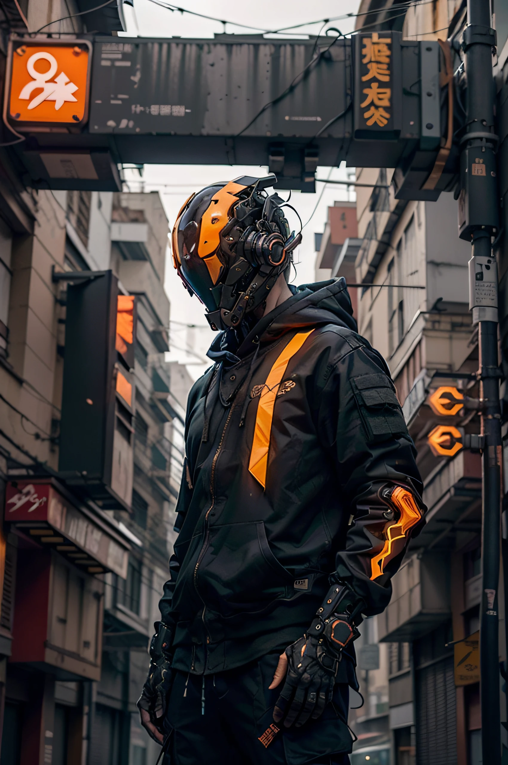 (obra maestra, plano de cuerpo completo, Intricate raw photography)Ciudadano cyberpunk, Oversized extra asymmetrical black hoodie, pantalones cargo negros, ropa negra, oscura, tactical gloves, el lleva puesto un cyberhelmet futurista color negro de alta tecnologia, brillante, algo parecido a daftpunk,  muy intrincado, Small LED details, Advanced technology closed helmet, ambiente oscuro, dramatico, luz y sombra, ((Kinematic, Black neon,))  action film, nitidez, neon-noir ciudad moderna, street neon lights, calle oscura, noche, foto de Insta, Photo of the Year, Epic resolution, Epic Quality, Epic sharpness, Intrincada epopeya,urban techwear,Reelmech