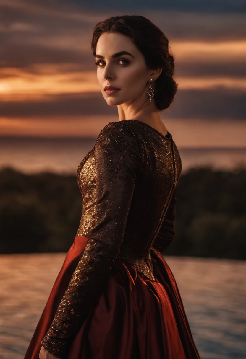 Adelaide Kane (Rainha Mary Stuart, Reign Series), using shiny latex vede, Pose forte, Looking at camera, por lago, circunstanciado, dia, Raios solares, fotografia ultra detalhada, warm lighting, Art Station, 4k, foco nítido, high resolution, master part.