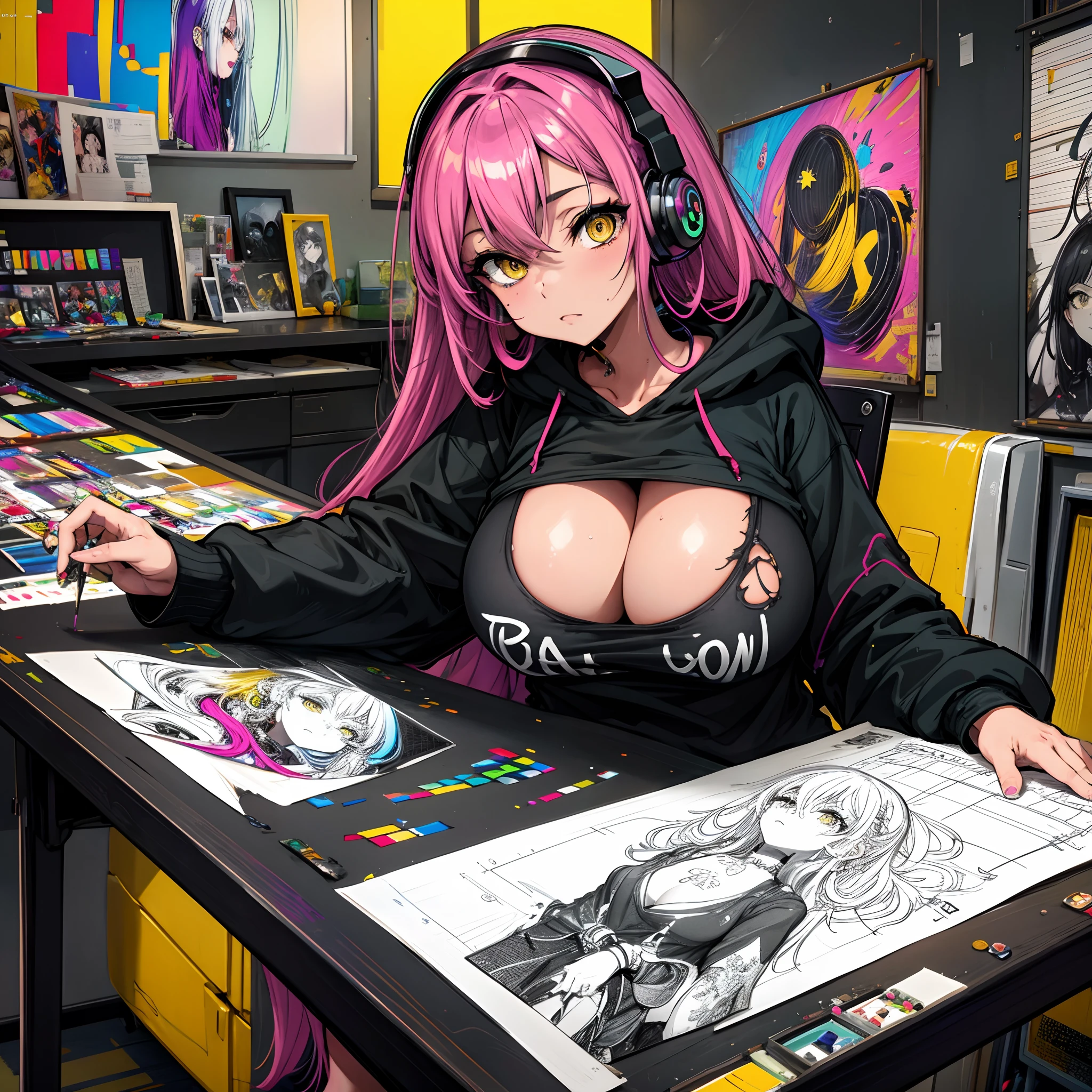 A beautiful and sexy artist girl, rainbow colored hair, yellow eyes, wearing headphones a hoodie graphic t-shirt and torn skinny jeans, huge gigantic tits, cleavage showing, tons of tattoos and piercings, sitting at her drafting table, drawing a pencil sketch of a highly detailed super hero in her sketch pad, in an art studio, highly detailed background, perfect masterpiece, high quality, high resolution