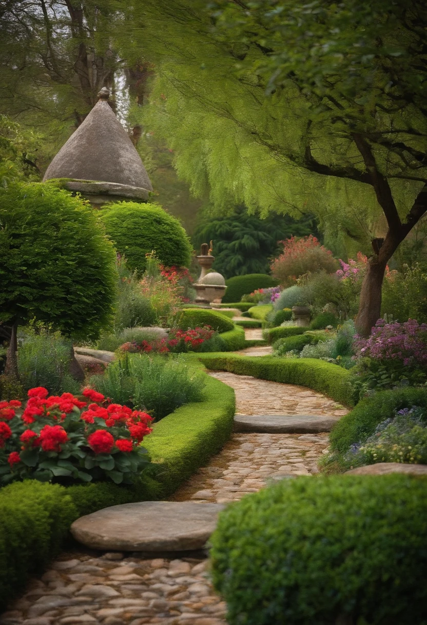 A path of soft stones winds through the garden, leading to various points of contemplation