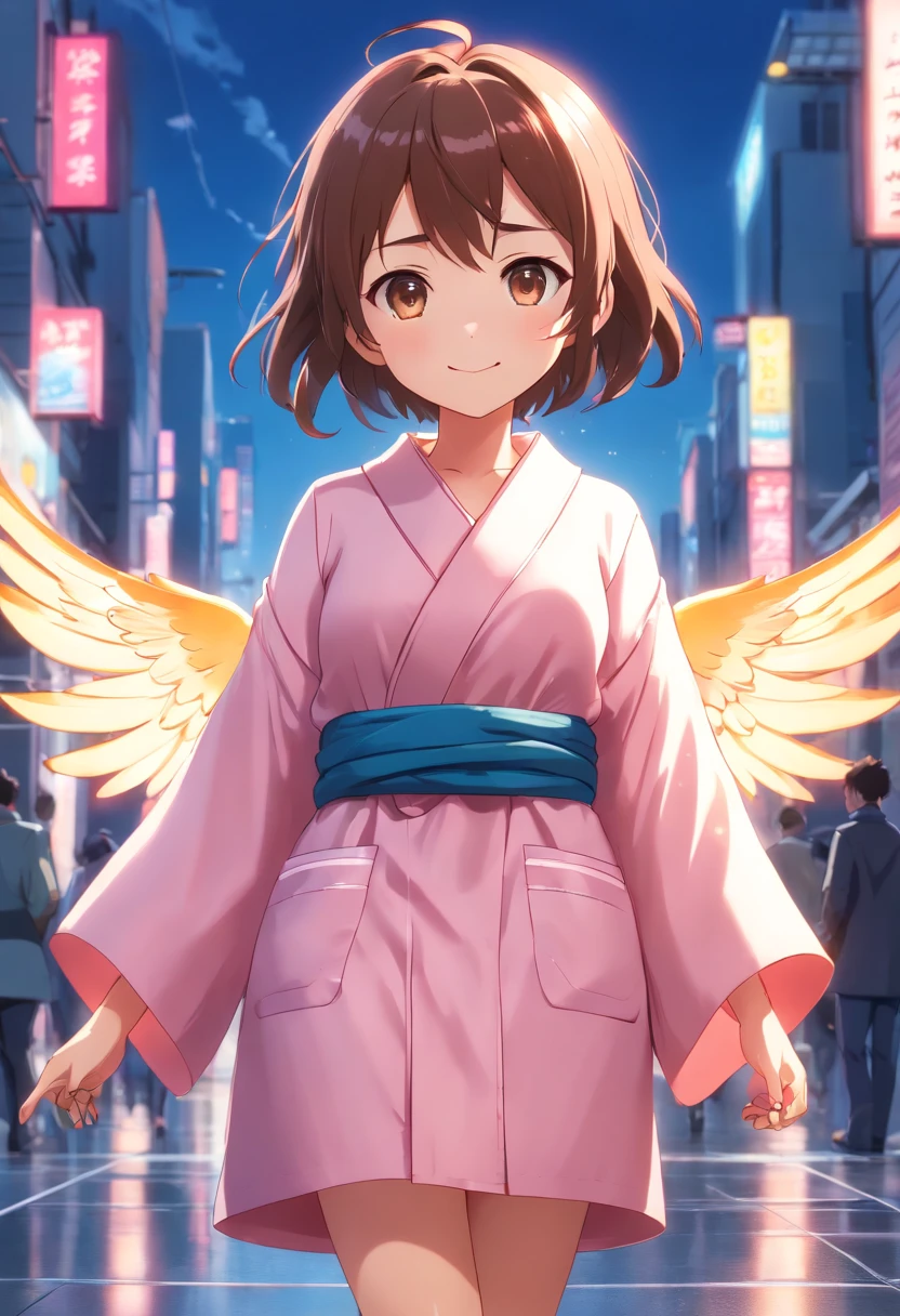 Pop Mart Blind Box IP、A smile、Close up of cute pink robe doll、Young One Angel Style、Wear longer, Dress fluently、Lop style、Poseline doll、Little people々々々々々々々々。unreal enginee 5、Light 3D/C4D production: 8K HD quality/illuminating/Ultra-fine lens description 1.5、flawless、Chibi Background/Cinematic。