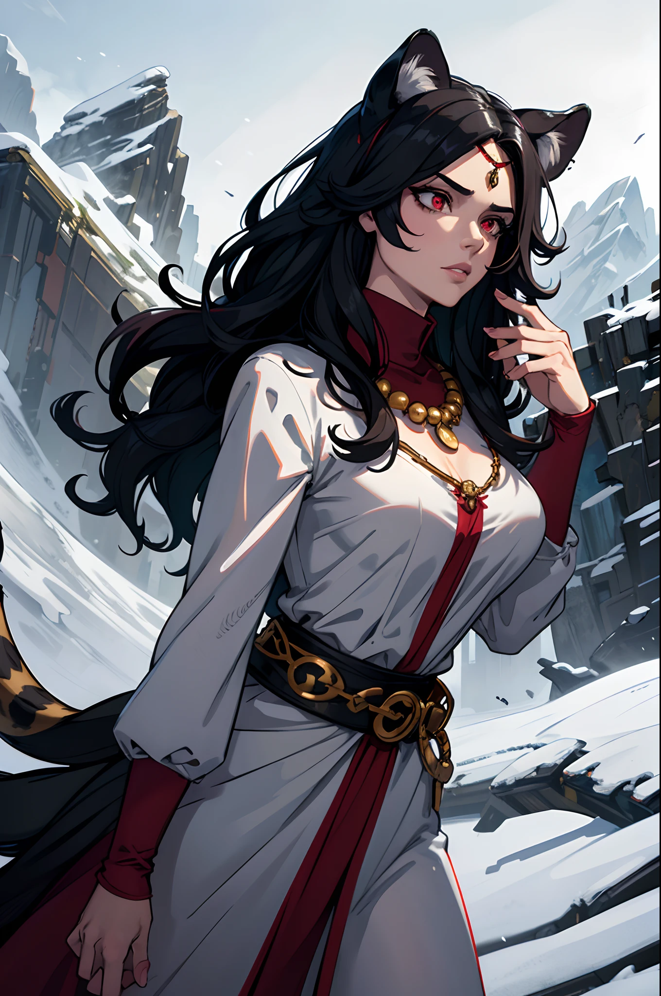 (masterpiece, best quality:1.2),1man, upper body, tail, large tail, black hair, very long hair, wavy hair, red eyes, detailed eyes, multicolored hair, circlet, bead necklace, animal ears, leopard ears, black cape, white dress, hip vent, pelvic curtain, snowy, snowy mountains, blizzard, volumetric lighting, subsurface scattering, cinematic lighting, chiaroscuro, floating hair, hand on own chest, mature look, human ears covered by hair, black beard.