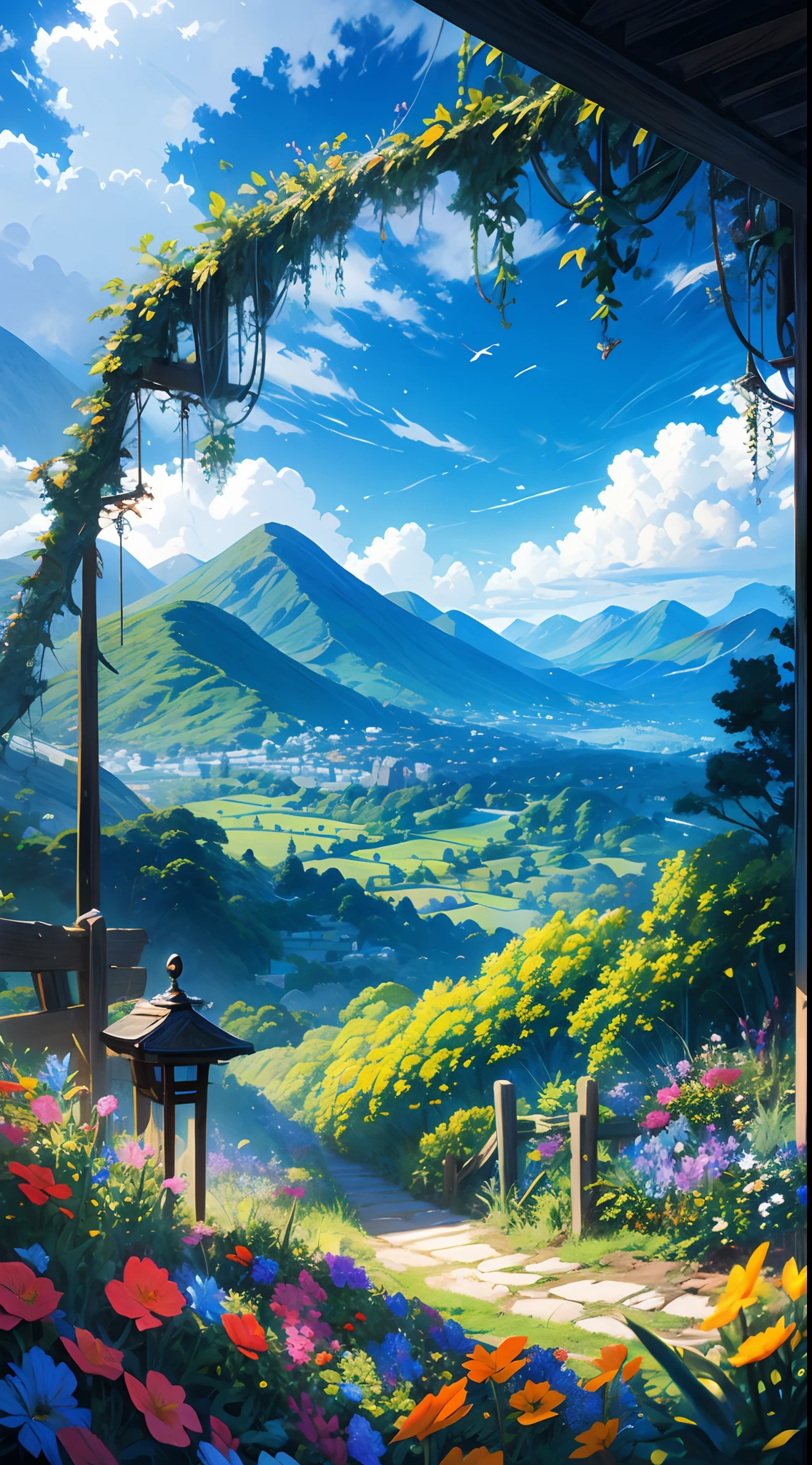 gorgeous landscape, depth, beautiful, mountains, clouds, flowers, trees