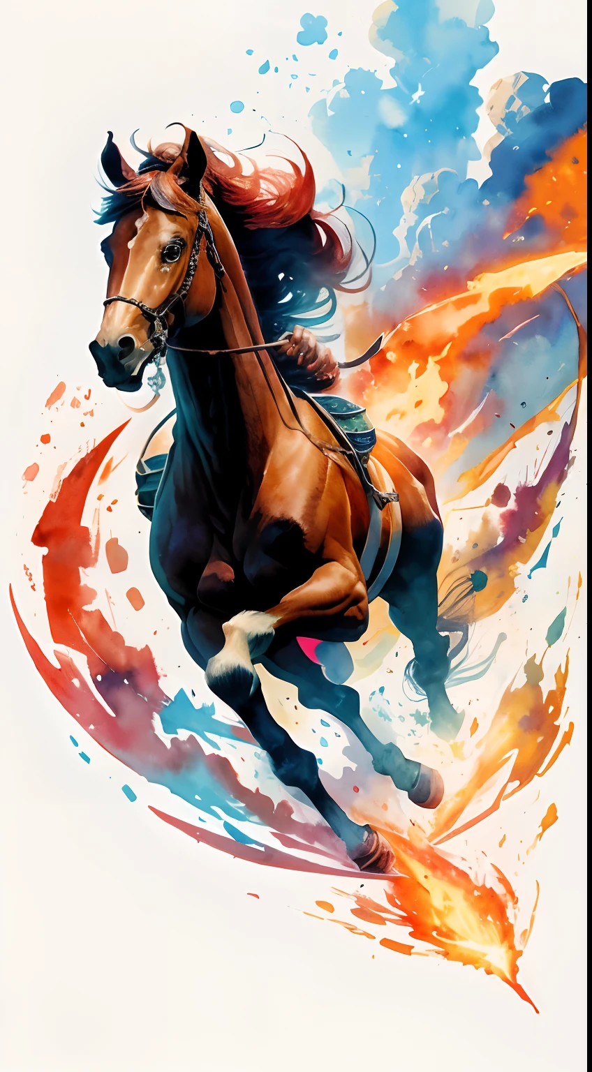 watercolor illustration,un caballo de fuego parado sobre sus patas traseras, (caballo de fuego solo:1.4)hermosa obra de arte,,Highest 8k Quality