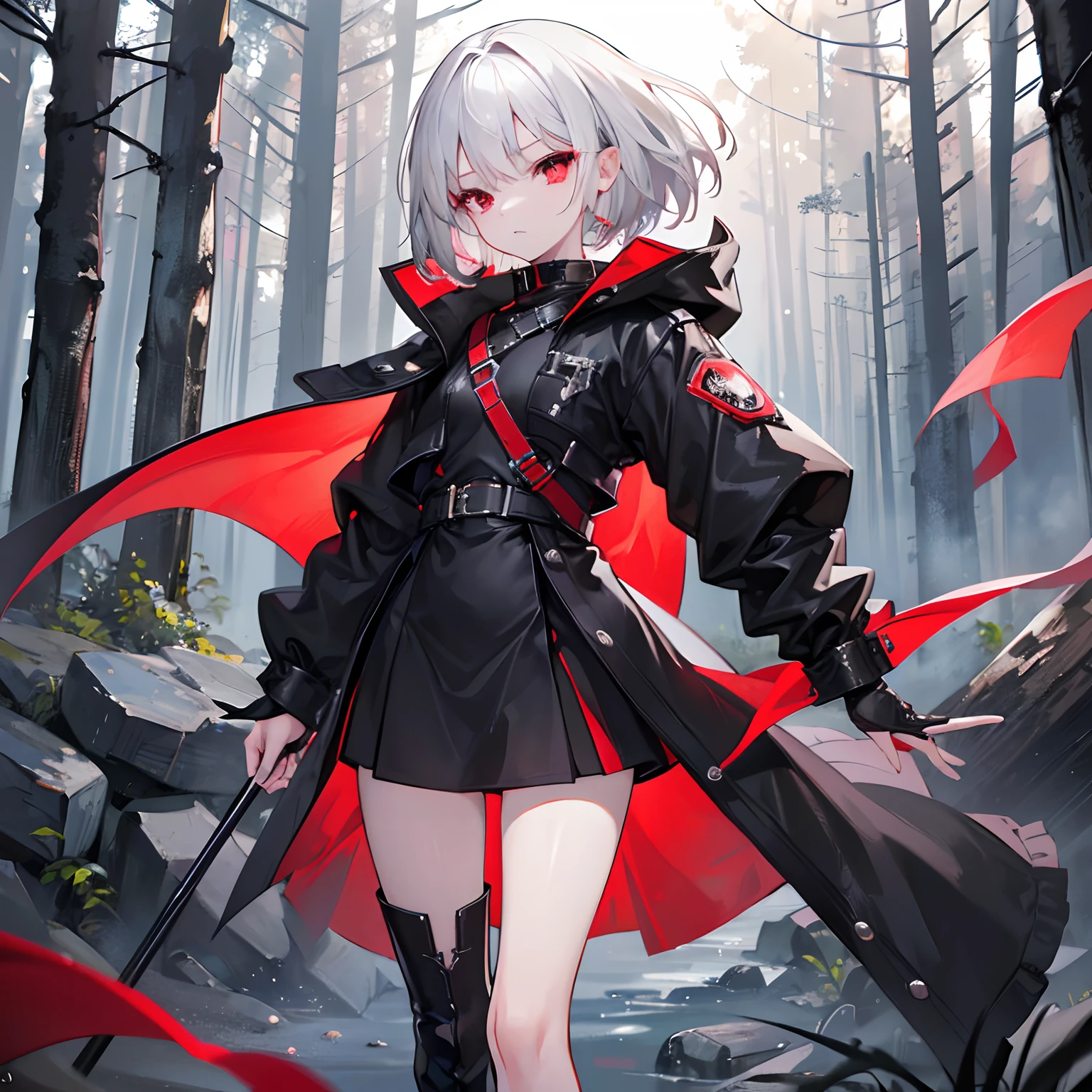 1girl, high resolution, masterpiece, extremely detailed, realistic, small, short, young, slender, extremely cute face, cute eyes, (red eyes), big eyes, sharp eyes, sharp face, beautiful, soft skin, smooth skin, oversized black coat, black boots, in forest, looking around, (short white hair), happy