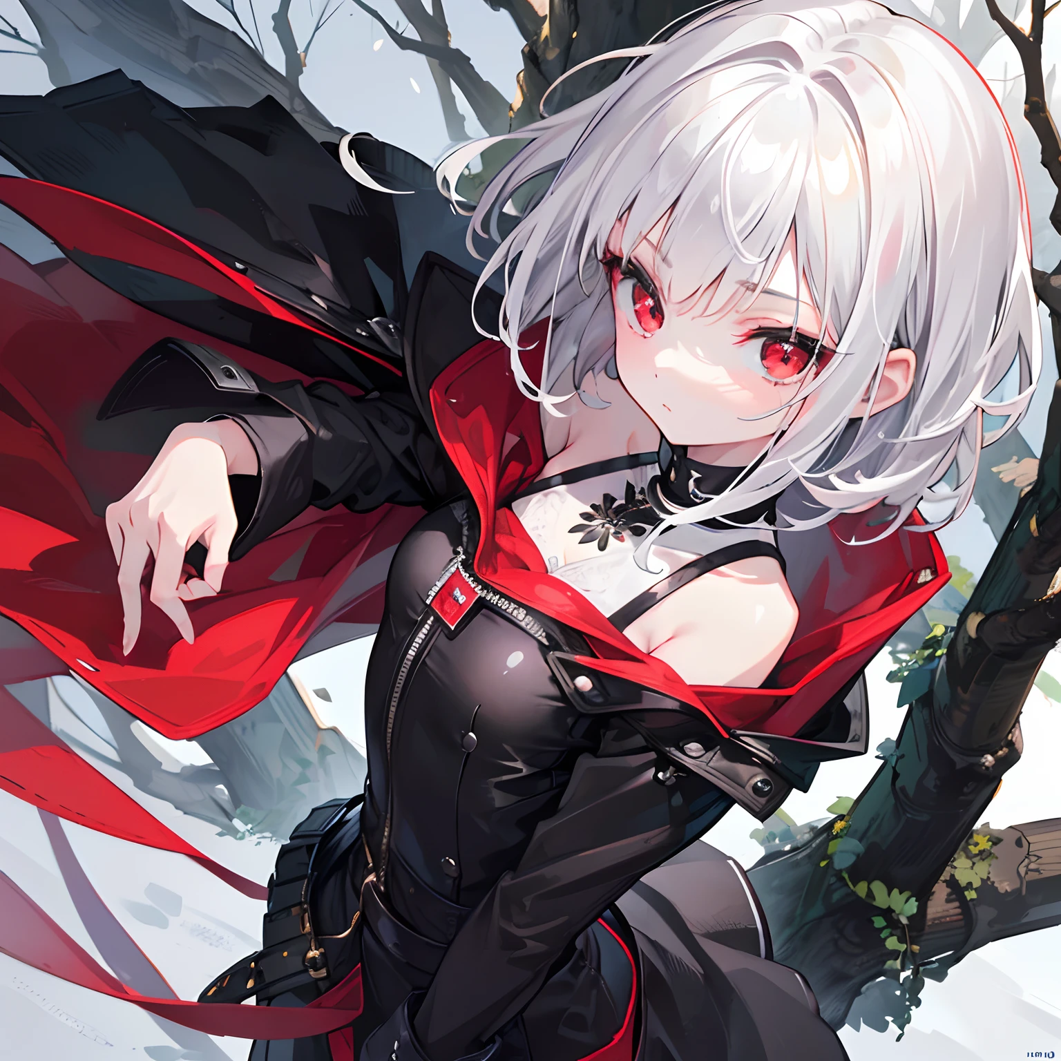 1girl, high resolution, masterpiece, extremely detailed, realistic, small, short, young, slender, extremely cute face, cute eyes, (red eyes), big eyes, sharp eyes, sharp face, beautiful, soft skin, smooth skin, oversized black coat, black boots, in forest, looking around, (short white hair), happy