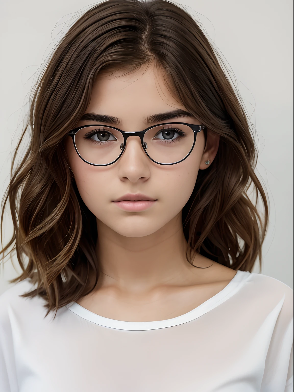Realistic photo of a -yeld giof European appearance; thick brown hair below the shoulder blades, slightly curly from medium length;;;, Big shiny brown eyes, long eyelashes, eyeglasses, thick eyebrows, Serious, хмурая, A bored look, looks at the camera from under his eyebrows(a slight tilt of the head forward and down), In the look you can read the desire to leave here; Slight embarrassment; Petite tiny, inconspicuous, pointed breasts; White men's shirt with a loose cut; Without cosmetics, Always without a bra; Straight posture, Direct view(full face); Professional studio photography with a film SLR camera("Zorkiy-4"), (full-length photo), Anatomical realism(mandatory observance of the development and proportions of the body in accordance with the age of up to 10 years)ht resolution, detailed skin texture, natural lightin, 8K, Texture of the photo card