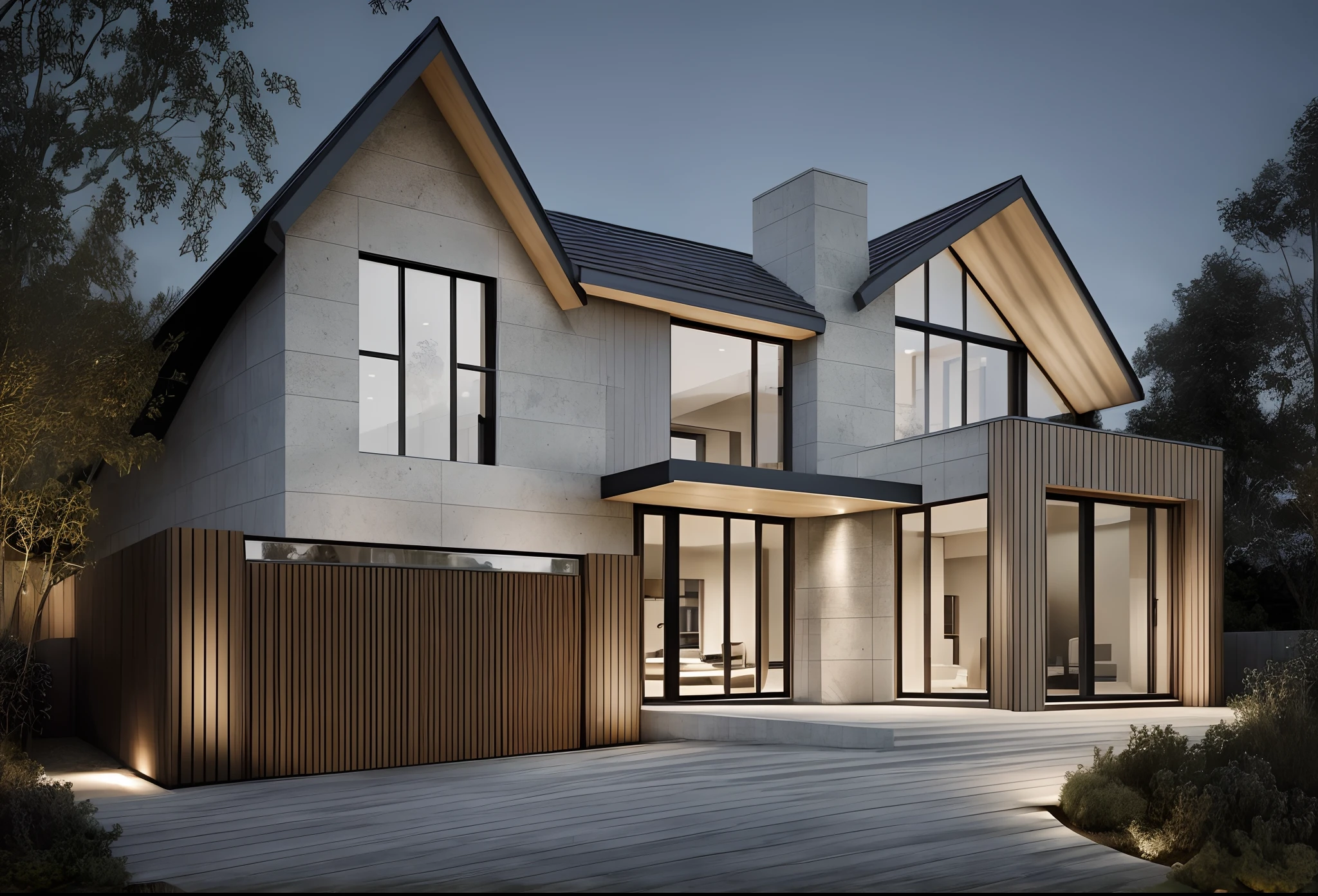 gable roof, modern Scandinavian house, floor-to-ceiling windows, smooth limestone accents, wood accents, exterior design, award winning render, contemporary house, a photorealistic rendering, fully detailed render, large modern residence, 4k, dusk, dramatic exterior lighting