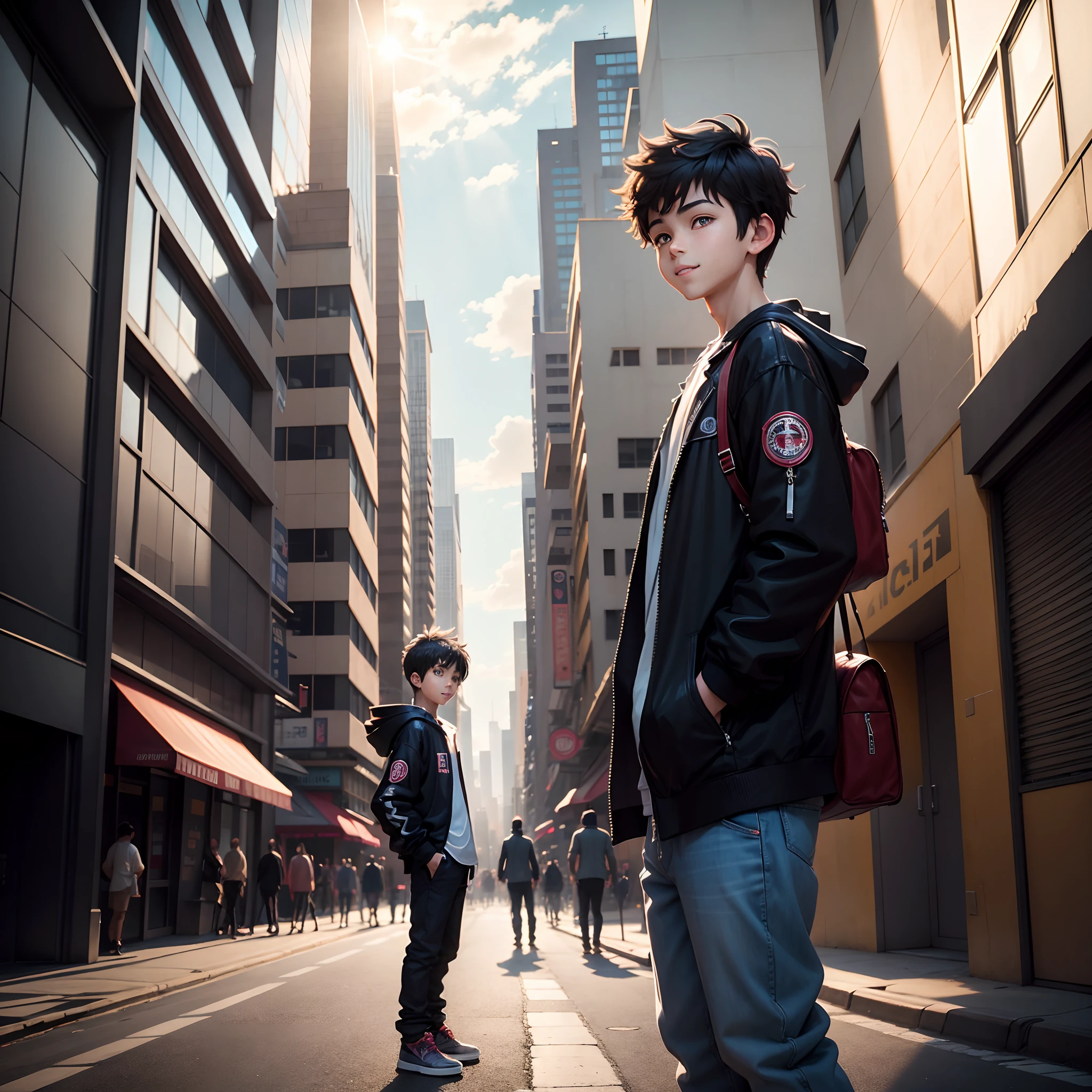 A boy, transformed into an anime style, with exaggerated unique facial features and clothing, standing on a bustling city street, backlit background highlighting the subject, high-contrast colors, 4K high-definition quality,young, smiling, handsome