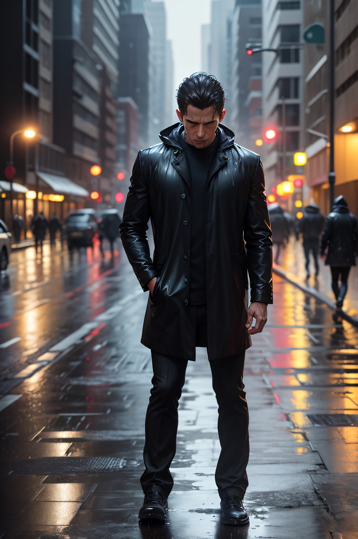 Man walking in the rain generates a super realistic image in 8k that shows sadness after the end of his relationship and that he is walking ode head down