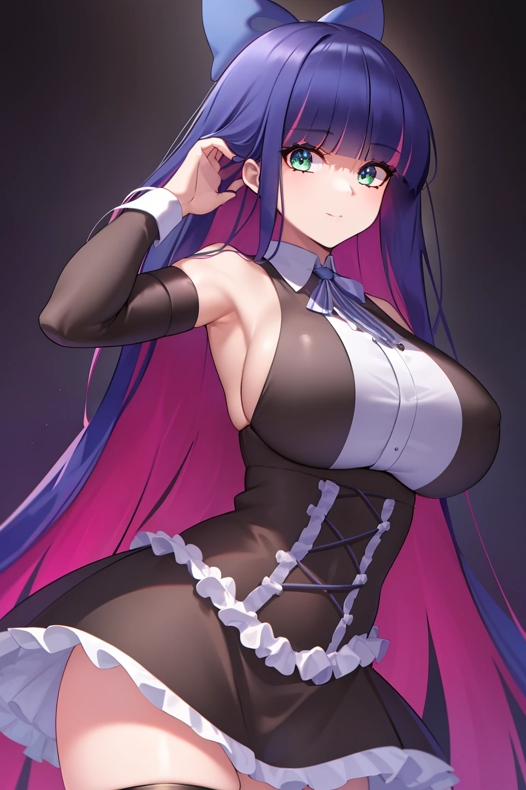 ((extreme detail)),(ultra-detailed),(painting), chiaroscuro, extremely detailed CG unity 8k wallpaper, best quality, anarchy stocking, gothic dress, hair bow, black striped thighhighs, leaning forward, looking up, adjusting hair, simple background, huge breasts, Large breasts, big tiddy goth