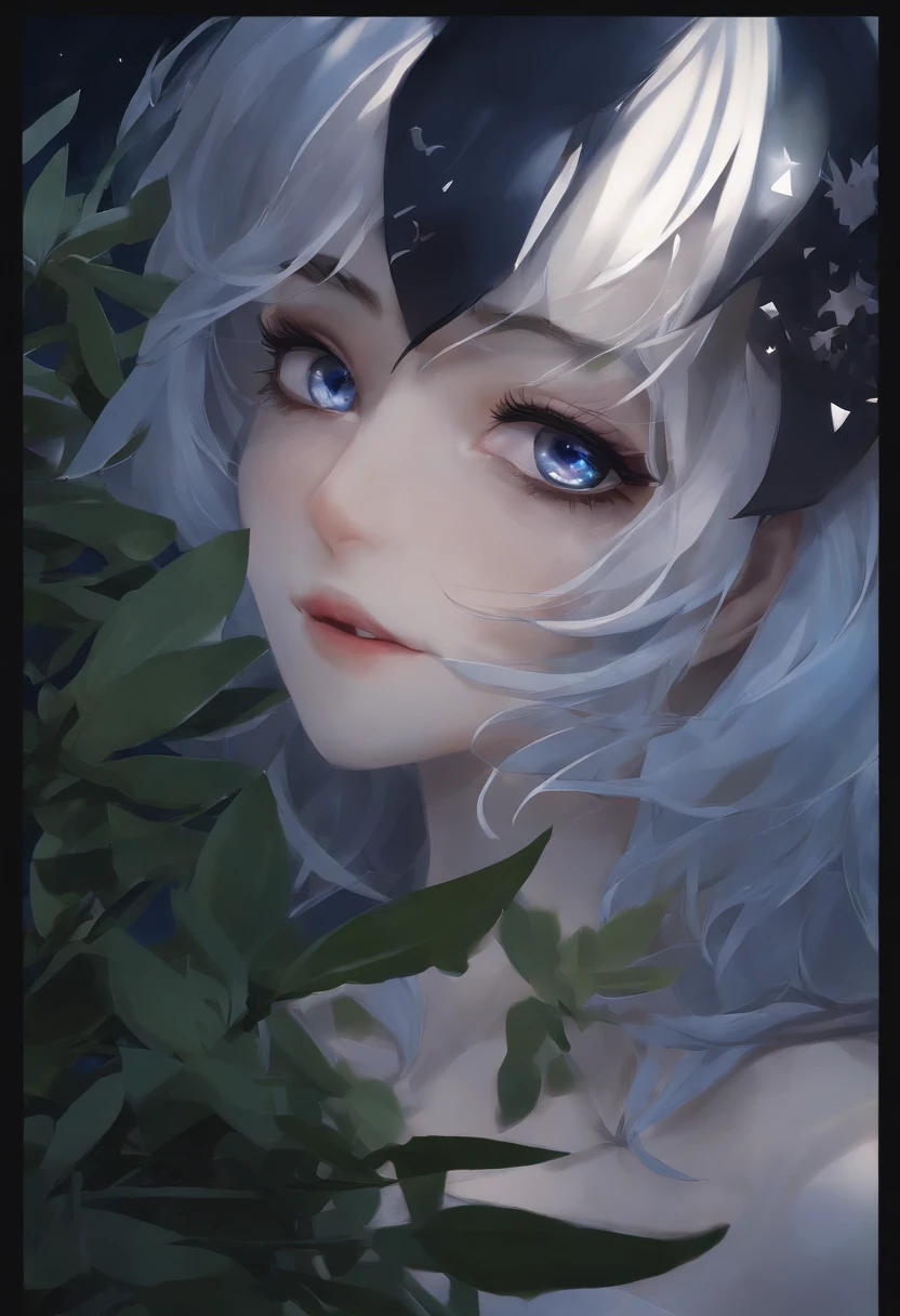 Um misterioso assassino Shadow , sua pele um azul profundo, brandindo um par de adagas reluzentes em uma cidade iluminada pela lua,, starly sky, 8k, estilo anime inspirado no noir, high resolution, Quick Hands, olhar penetrante, detailed eyes and hands, Traje sombrio e reluzente como estrelas, Equipamento azul meia-noite e prata, ready-made blades, silencioso como um sussurro, focused expression, 2d illustration, longos cabelos negros, cabelo como a noite, cabelo detalhado, olhos de lavanda, assombrando os olhos de lavanda, Olhos detalhados, eyes that reveal nothing, A Lua Silenciosa Acima, furtividade, telhados urbanos ao fundo, personification of the goddess of the night, deusa Nix.