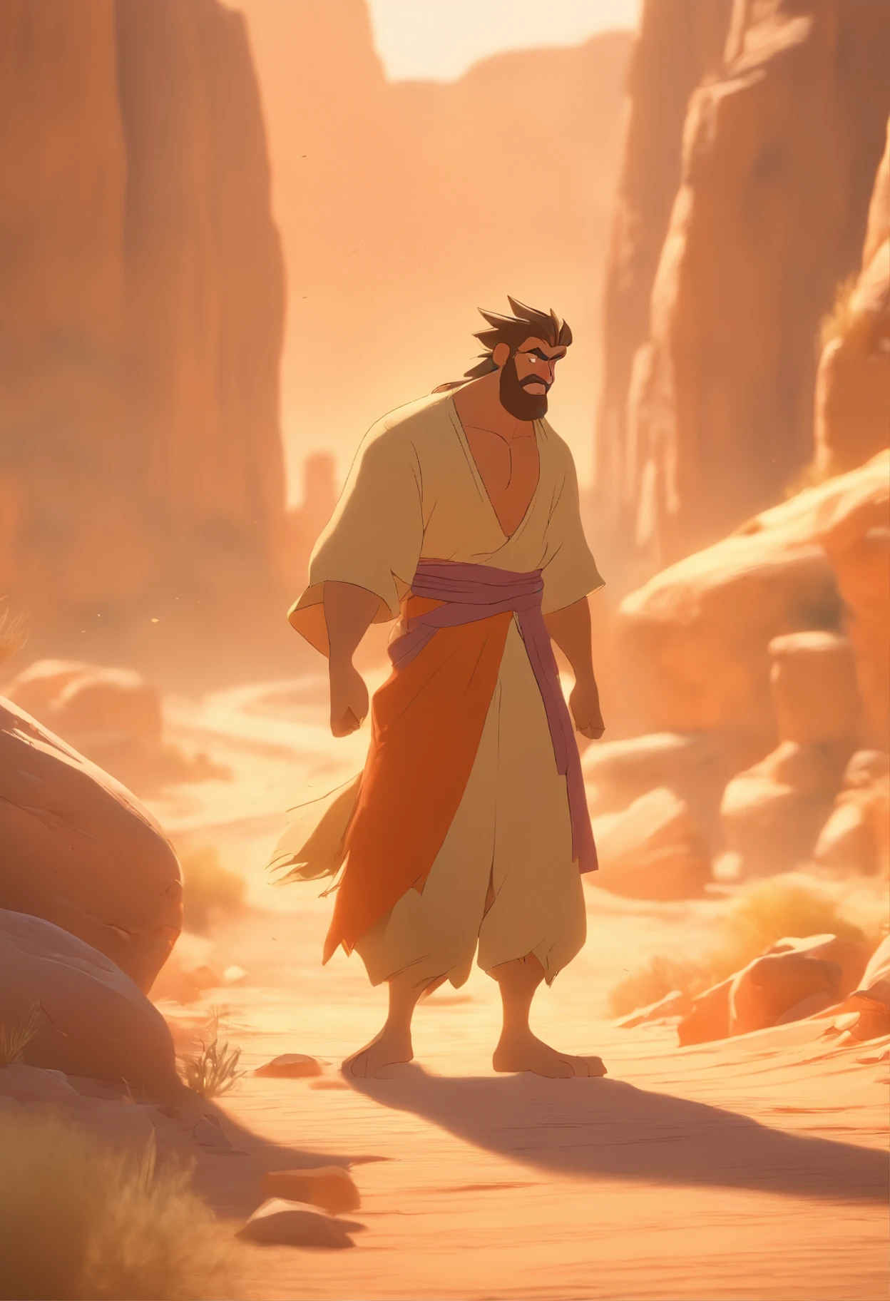 ""Create a Disney 3D-style illustration of a dusty road in the Judean desert where the incident took place. Emphasize the realism and attention to detail in the environment, including the texture of the dusty road, the desert landscape, and the soft lighting from the sun. Make the scene feel immersive and inviting.
Place the injured man in the foreground, paying careful attention to his pose, facial expression, and clothing. Ensure that his injuries are visible and convey a sense of vulnerability and suffering. Use Disney's characteristic style to make the character relatable and sympathetic.
Remember to infuse emotion into the scene, capturing the essence of compassion and the moral lesson of the story. This 3D artwork should transport viewers into the heart of the parable, evoking empathy and understanding."