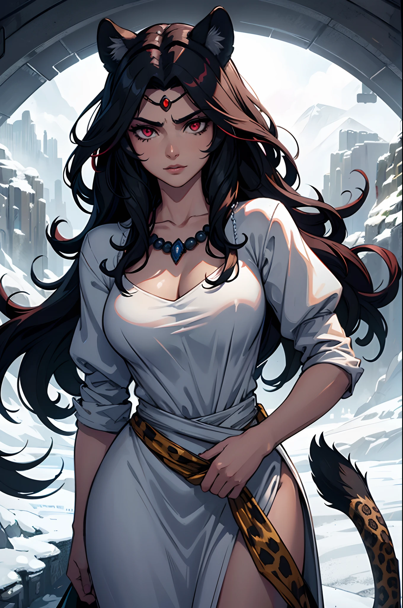 (masterpiece, best quality:1.2),1man, upper body, tail, large tail, black hair, very long hair, wavy hair, red eyes, detailed eyes, multicolored hair, circlet, bead necklace, animal ears, leopard ears, black cape, white dress, hip vent, pelvic curtain, snowy, snowy mountains, blizzard, volumetric lighting, subsurface scattering, cinematic lighting, chiaroscuro, floating hair, hand on own chest, mature look, human ears covered by hair, black beard.