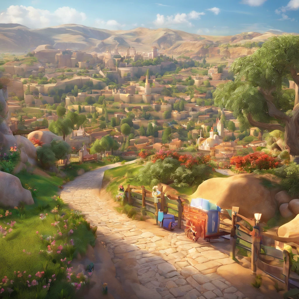 ""Create a Disney-style 3D drawing of the road from Jerusalem to Jericho. Emphasize the scenic beauty of the landscape, including rolling hills, lush vegetation, and the winding path. Ensure that the drawing captures the essence of a captivating journey, with vibrant colors and attention to detail. Add charming Disney-esque characters along the road to bring the story to life, such as travelers, friendly animals, and perhaps a kind Samaritan helping someone in need. The final artwork should radiate warmth, hope, and the spirit of adventure, just like a Disney classic."