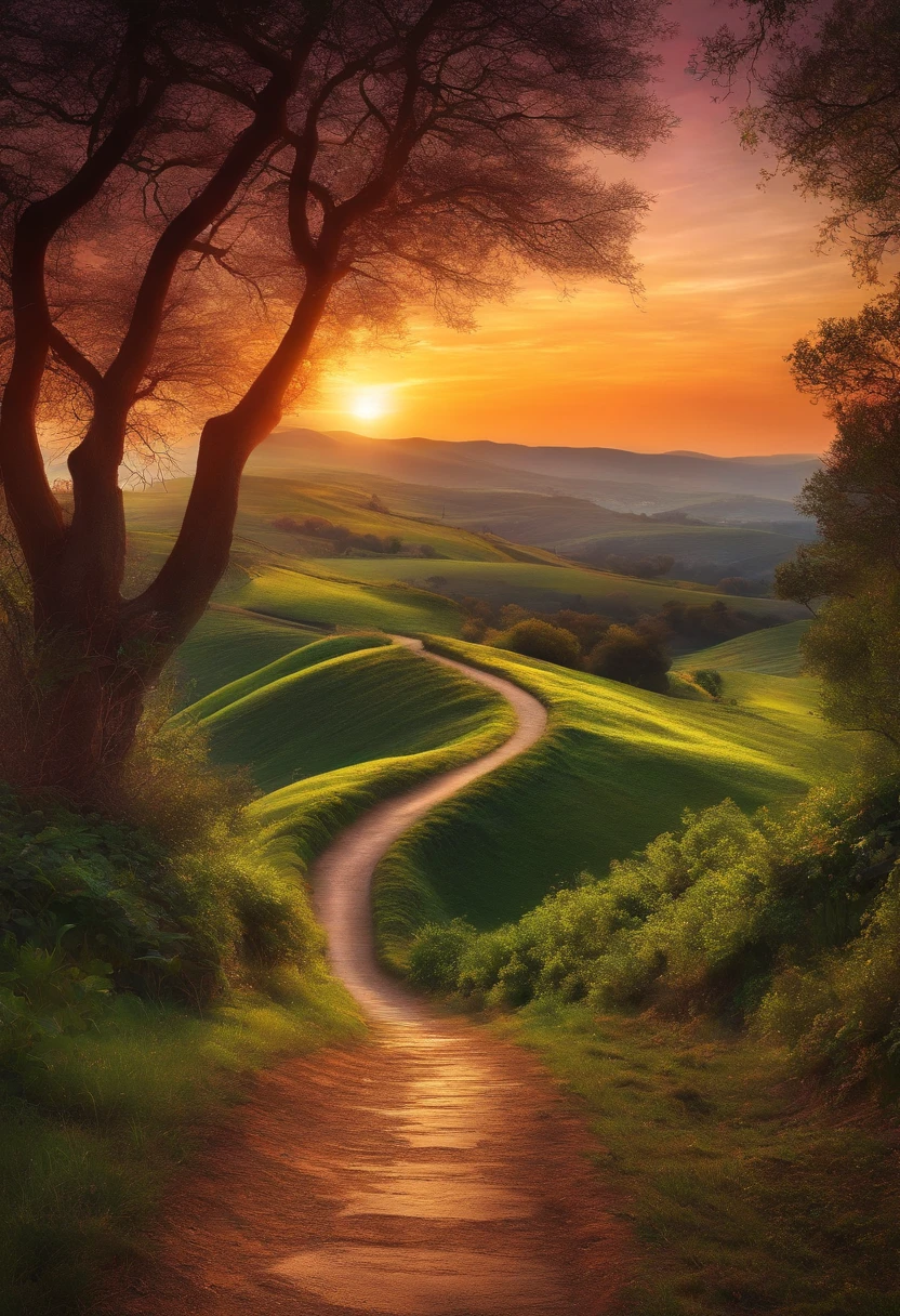 Draw a winding path that stretches from the base of the image to the horizon, No final do caminho, adicione uma luz brilhante e radiante, No centro da imagem, Highlight a broken heart being restored and renewed.