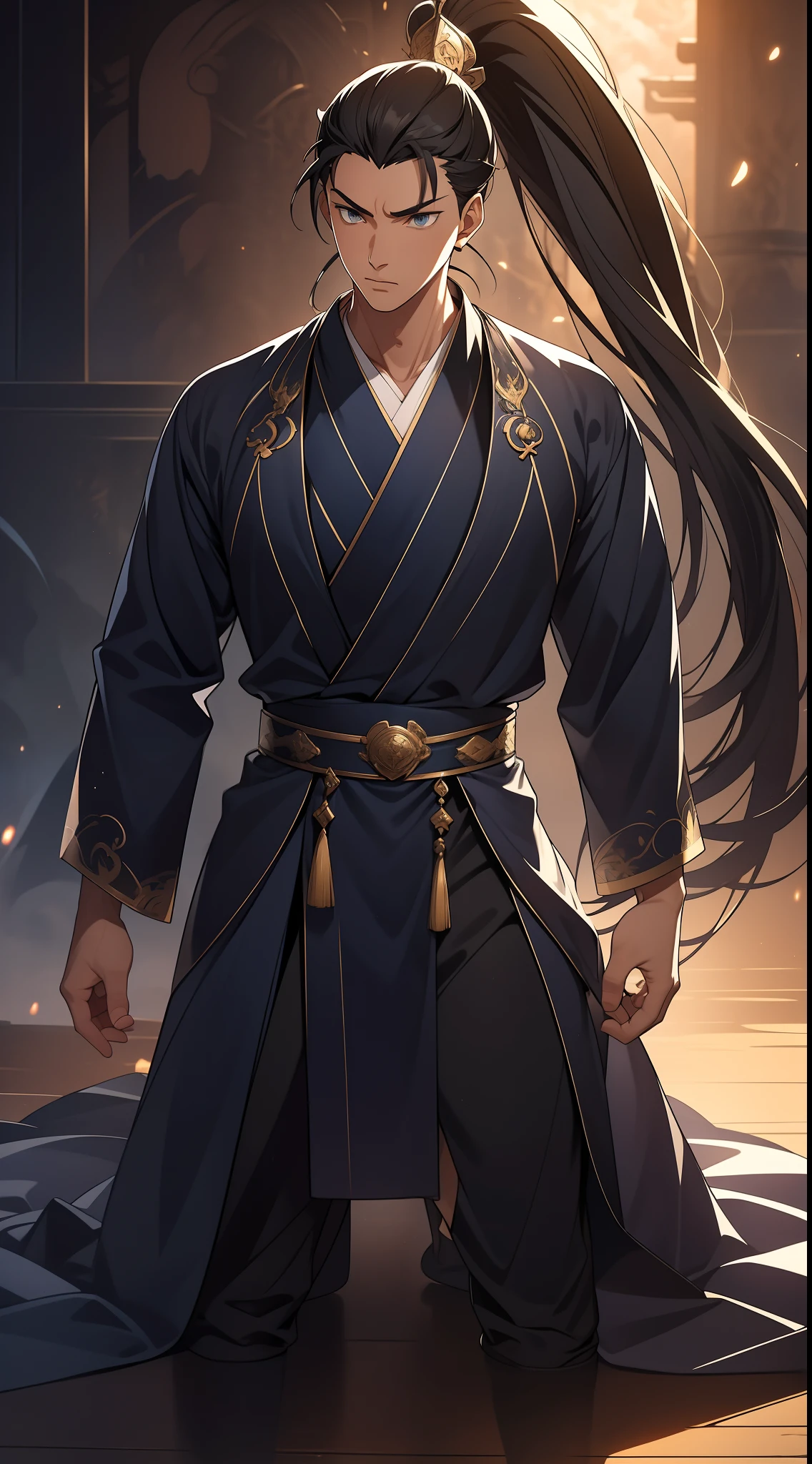 quadratic element，style of anime，mtu（Male Warrior），The proportions are correct，Face details，swordsmen，High ponytail hairstyle，Neck details，There is an Adam's apple，Blue suit，kaftan，long blue robes，clothes details，Handing over，longer sleeves，Game quality，Swordsmanship，Light and shadow tracking，Ray traching，detailed glow，cg render，hair detail，Black long hair，blue colored eyes，Handsome，Handsome，（juvenile sense），Clothing is complicated，Perfectcomposition，Refinement，high qulity，higher details，Lots of details，The background is complex，a sense of atmosphere，