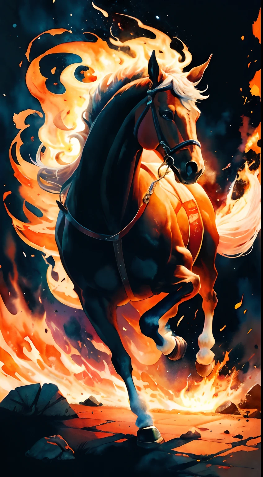 watercolor illustration,un caballo de fuego parado sobre sus patas traseras, (caballo de fuego solo:1.4)hermosa obra de arte,,Highest 8k Quality