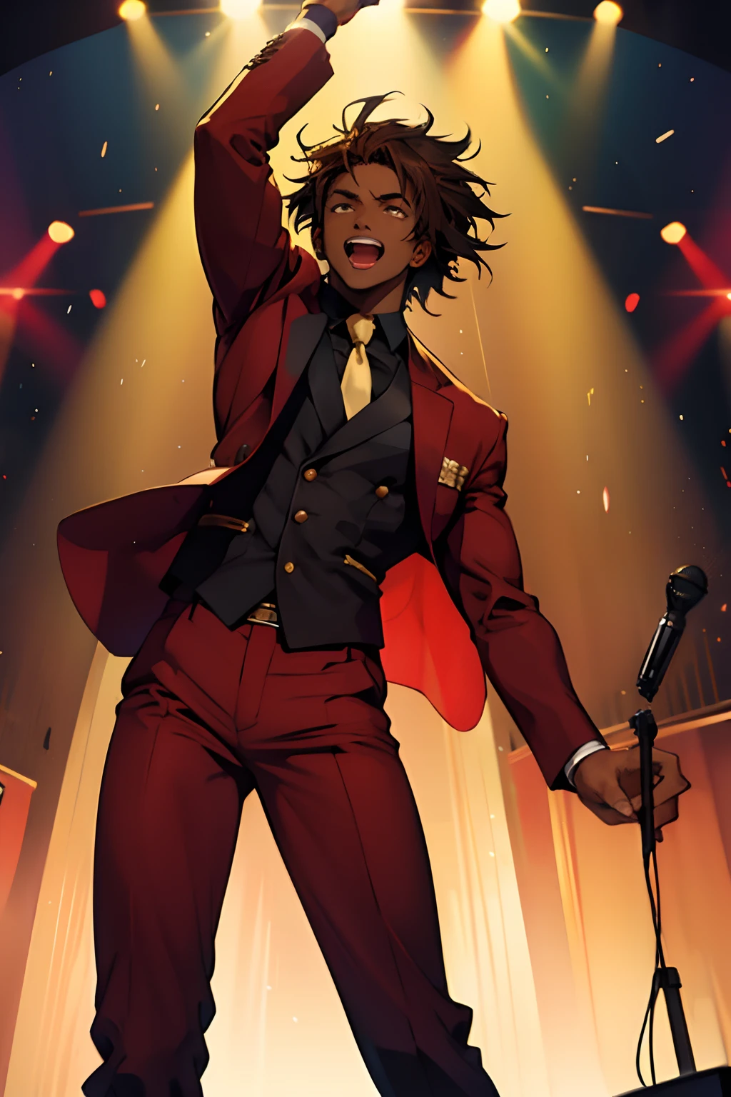 black young man, negro, messy hair, brown hair, jojo pose, show, red suit, lindo, festa, dance, microphone, singing