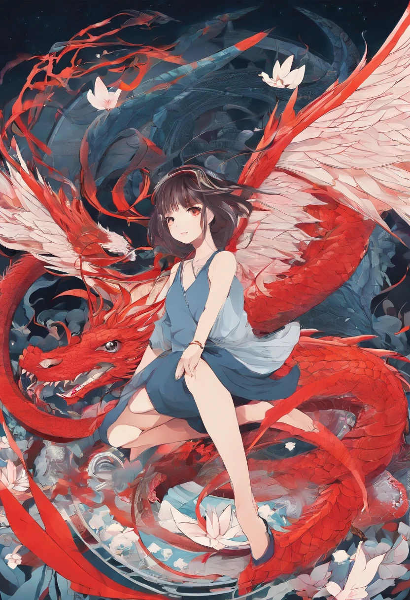 an animation of a lady with wings and a dragon on the floor, 1girl, red eyes,