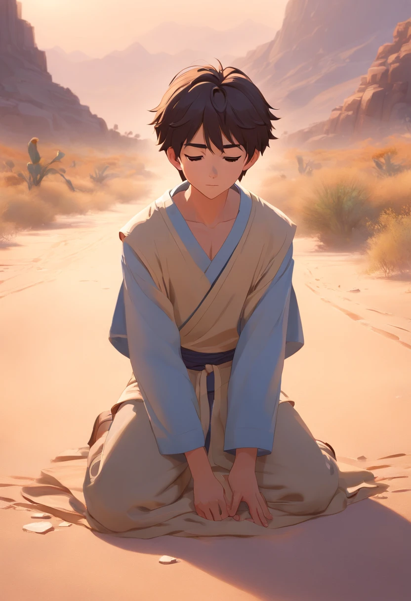 ""Create a Disney 3D-style illustration of a dusty road in the Judean desert where the incident took place. Emphasize the realism and attention to detail in the environment, including the texture of the dusty road, the desert landscape, and the soft lighting from the sun. Make the scene feel immersive and inviting.

Place the injured man in the foreground, paying careful attention to his pose, facial expression, and clothing. Ensure that his injuries are visible and convey a sense of vulnerability and suffering. Use Disney's characteristic style to make the character relatable and sympathetic.

Remember to infuse emotion into the scene, capturing the essence of compassion and the moral lesson of the story. This 3D artwork should transport viewers into the heart of the parable, evoking empathy and understanding."