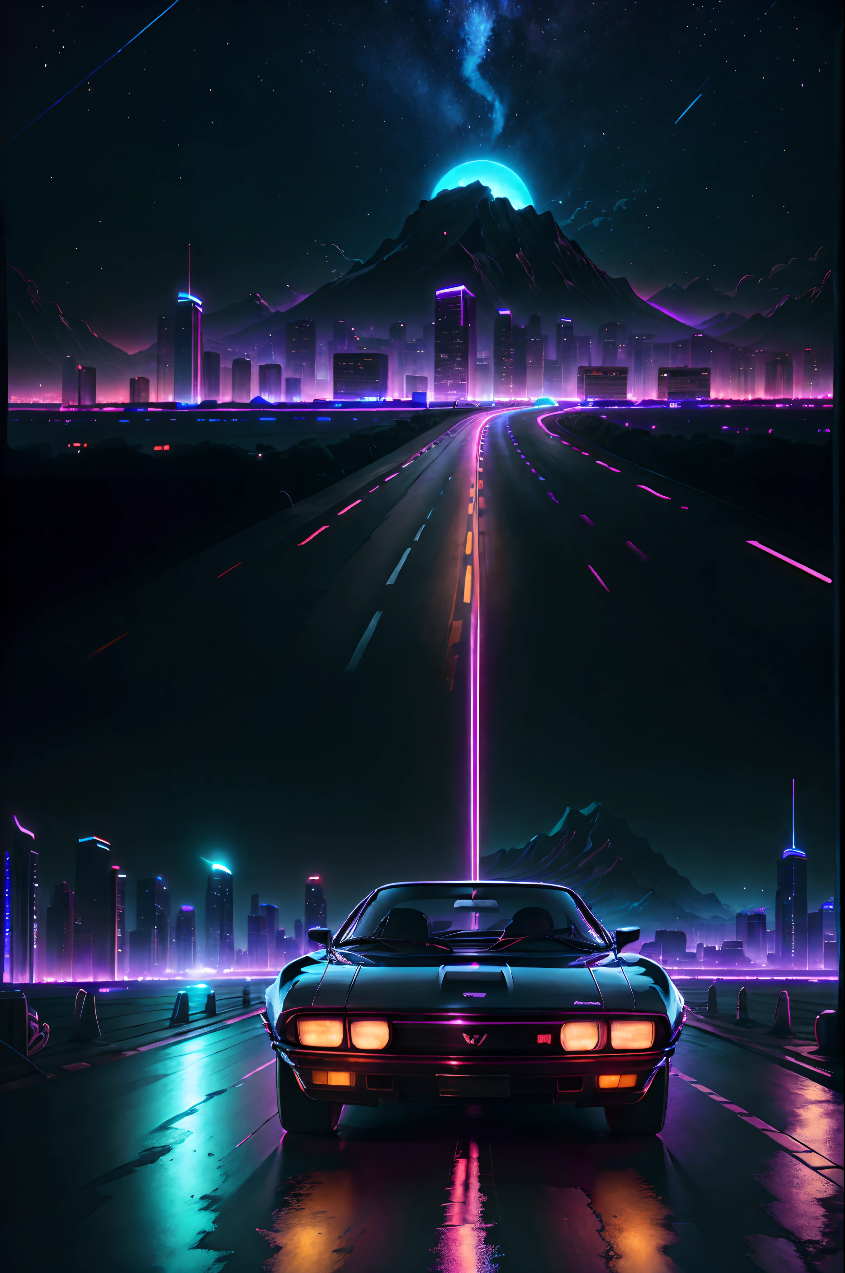 retrowave. city, 1969 Nissan S30, wide body kit, road,  purple neon lights, sun, mountain, 
(masterpiece,detailed,highres),