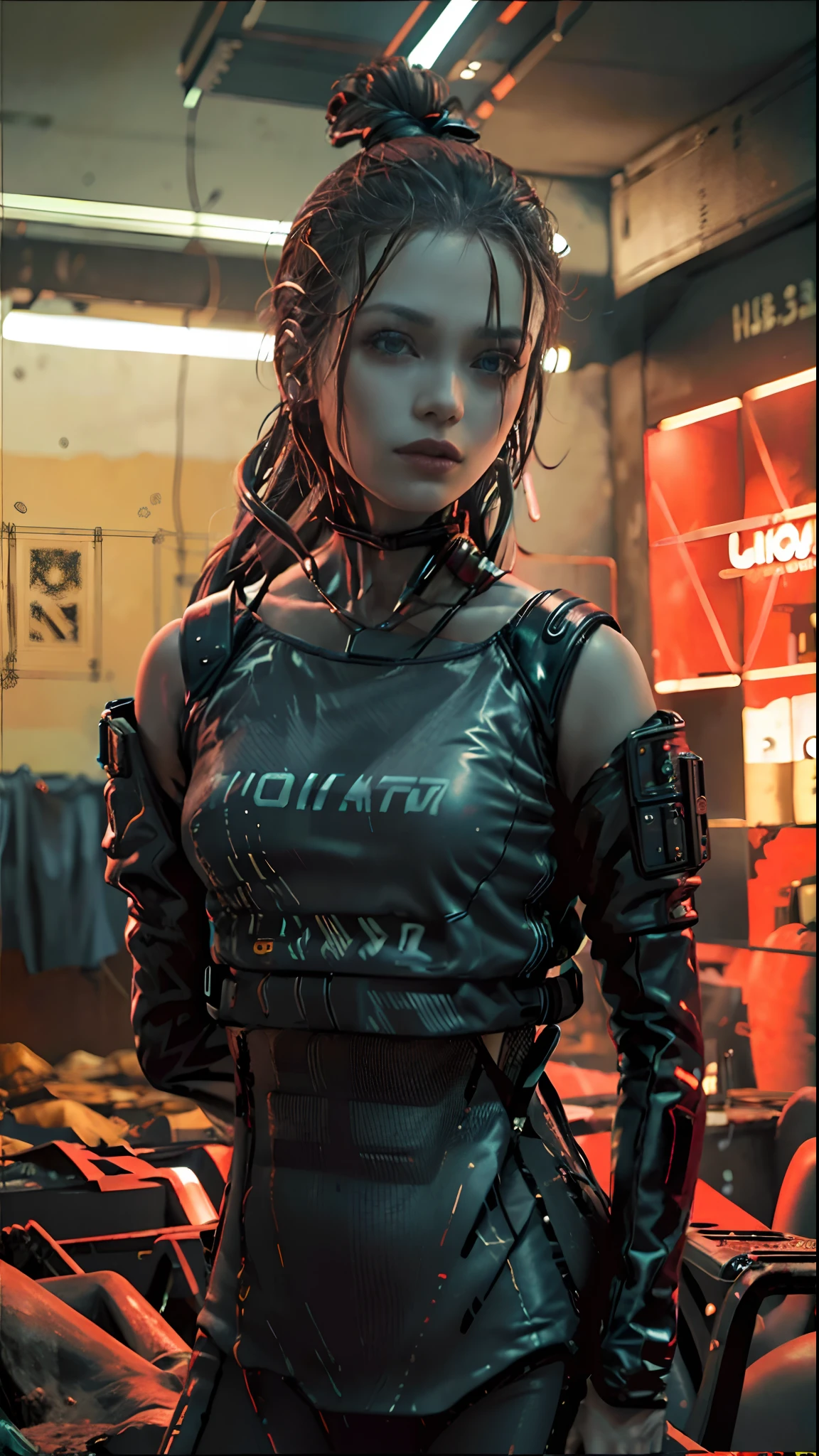 Foto realista, cinemactic, alta calidad, Chica Cyberpunk sentada frente a una computadora, in an abandoned room with cables and pipes, un ventilador de pared industrial, una ventana con una ciudad ciberpunk, ambiente oscuro, estilo matrix, estilo blade runner, cluttered room, computadoras y servidores, cables and pipes, ambiente industrial, neblina.