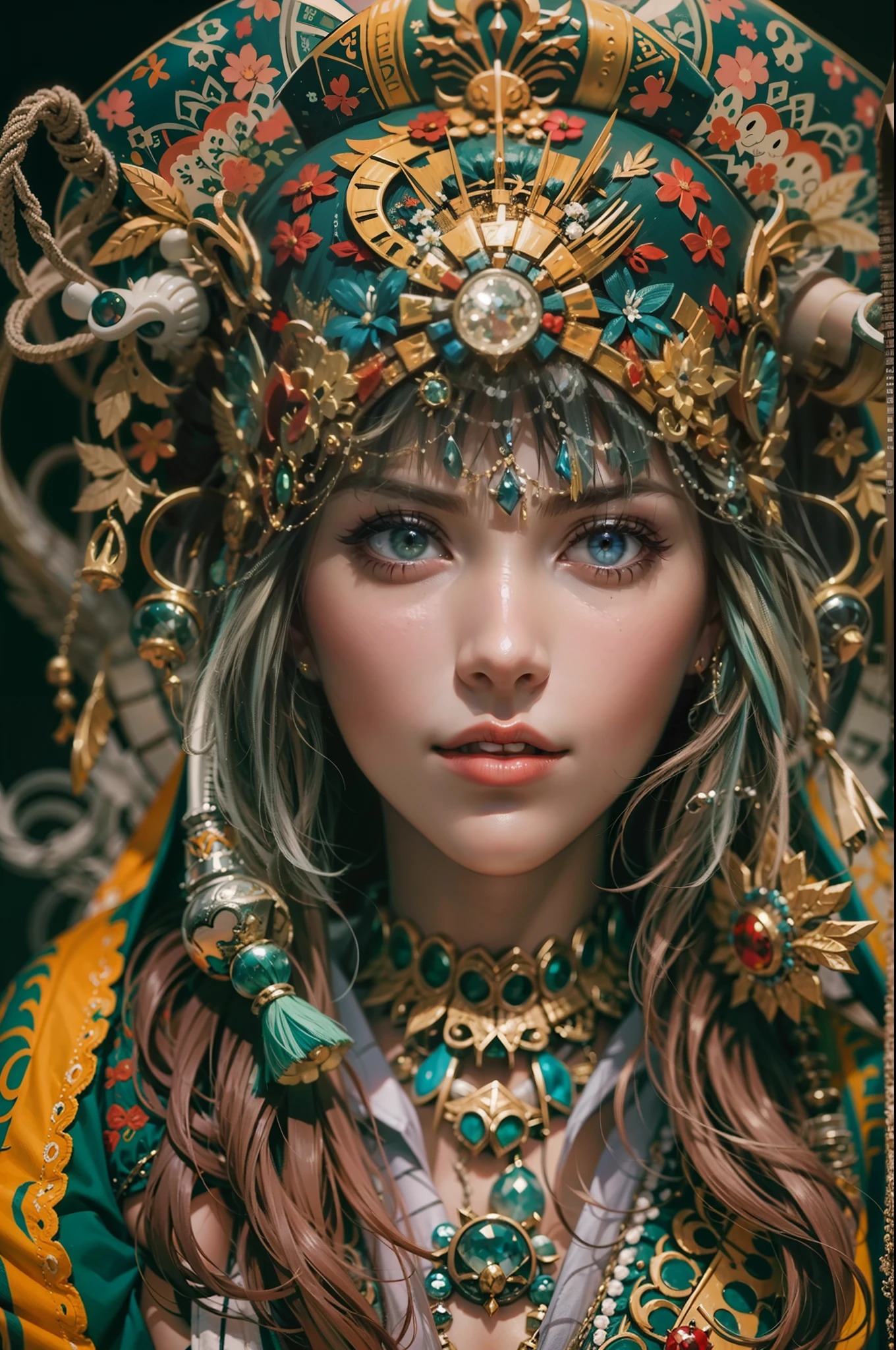 Beautiful woman in crazy complex shamanistic healer costume
