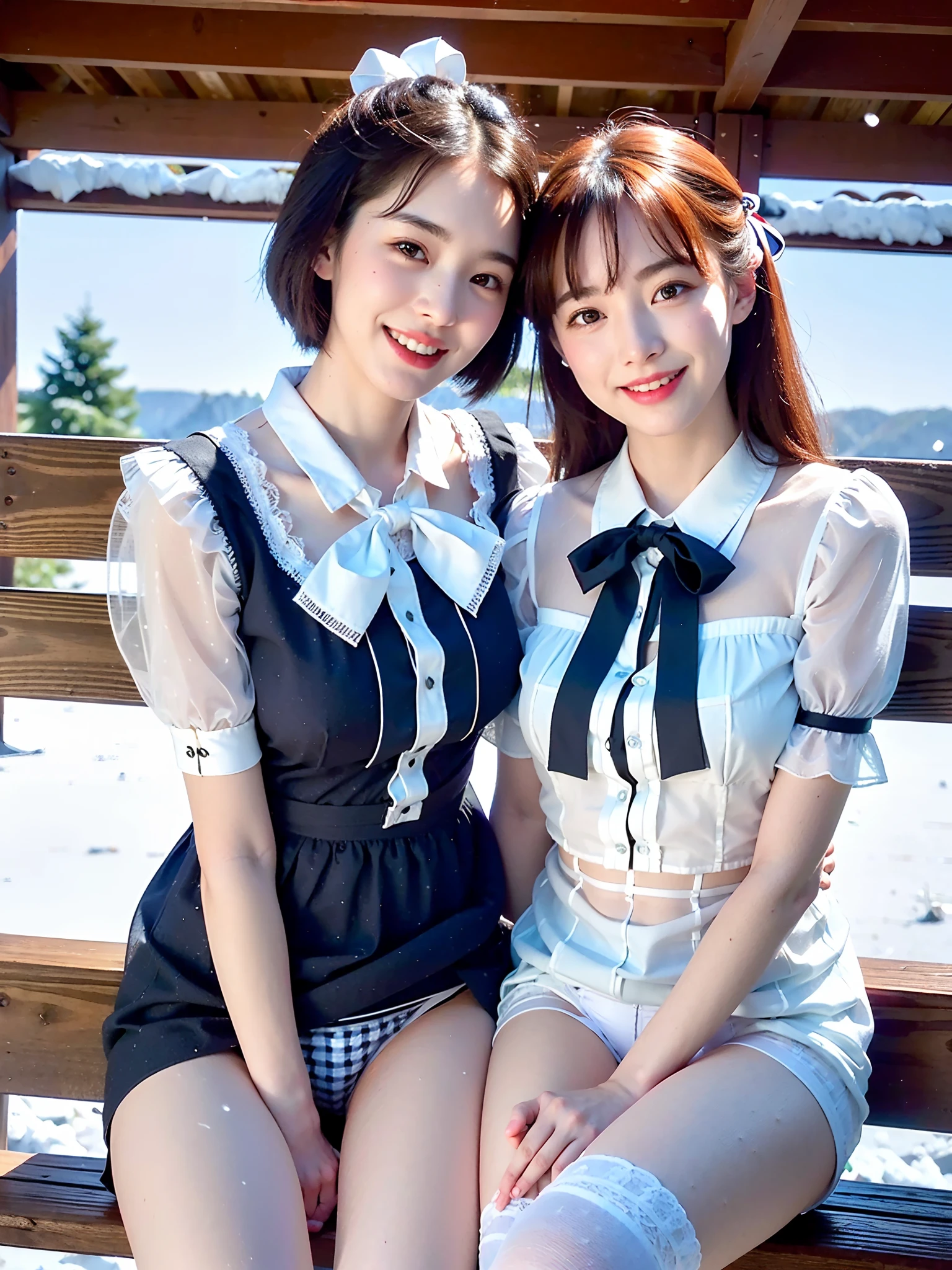 ultra-detailliert、masterpiece、top-quality、超A high resolution、8K high image quality、Photogenic clarity、A detailed eye、gradients、Real live-action、(((Two Women:18year old、sit on a bench)))、Double pretty eyes、、(((student clothes、White blouses:see through、Cute white white short sleeve blouse with checked ribbon:see-through)))、Sit in a triangle with your thighs slightly inward、panties focus、too bright natural light、Sunshine、Detailed lace panties:see-throu、Plain white panties、(((Beautiful alignment and snow-white teeth)))、
