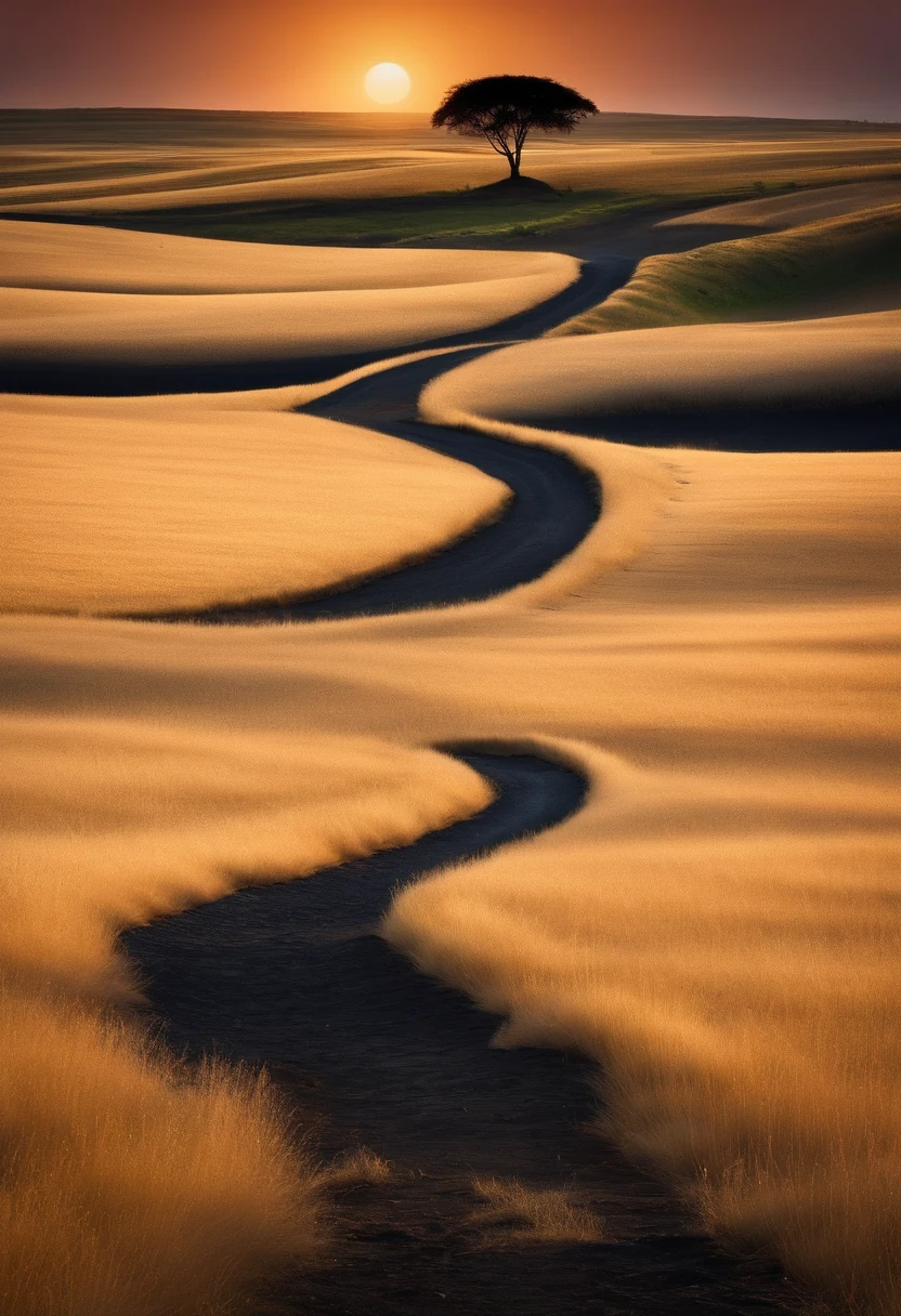 Draw a winding path that extends from the base of the image to the horizon, No final do caminho, adicione uma luz brilhante e radiante, no centro da imagem, Africa, Angola