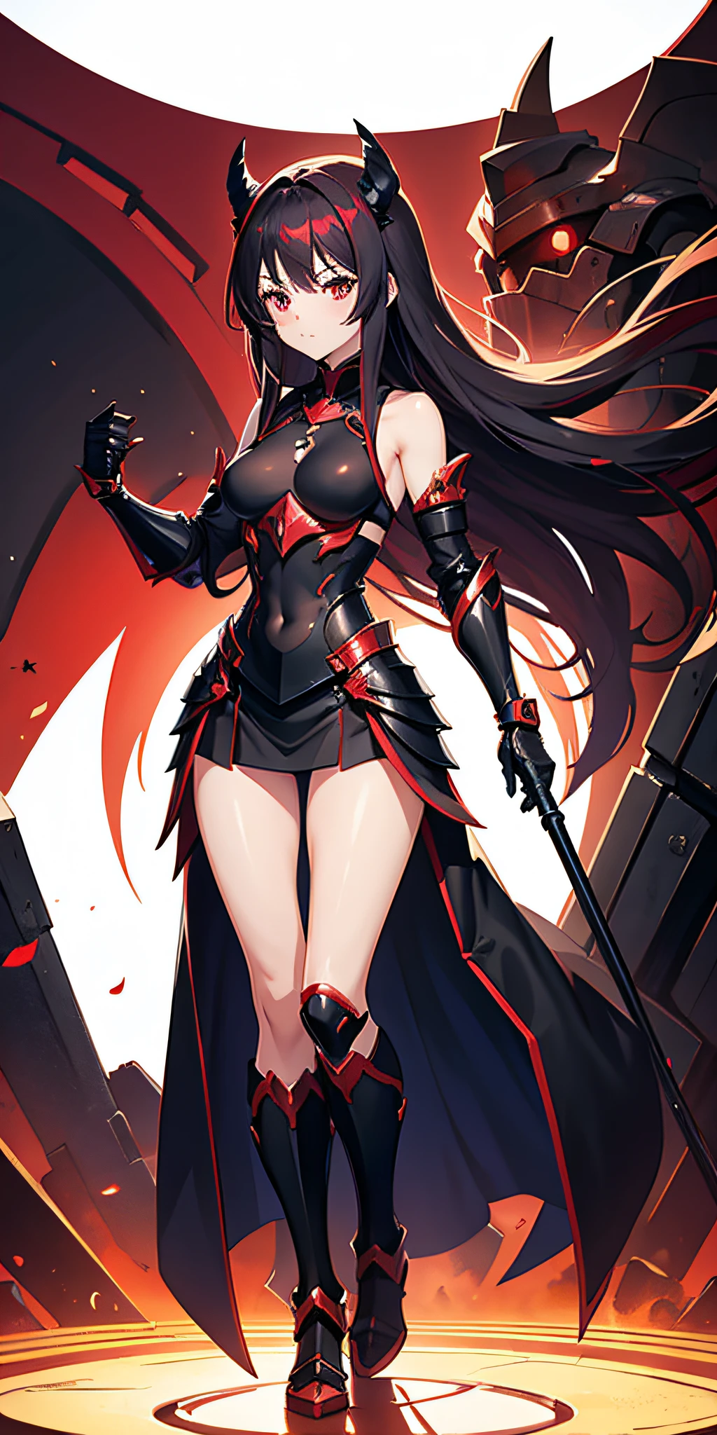 ((anime)), (full body view), (1 girl), (medium breasts), (black armor), (crimson long hair:1.2), short