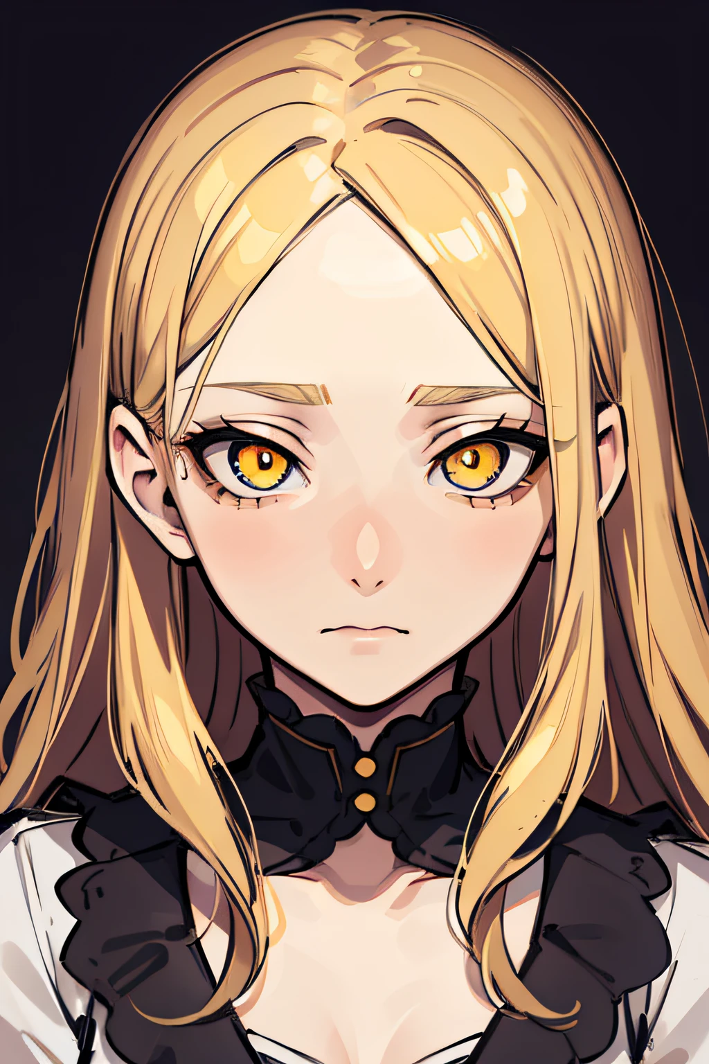 best quality, masterpiece, intricate, detailed background, highly detailed, intricate, absurdres, realistic,
1girl, blonde hair, forehead, sidelocks, yellow detailed eyes, sad, depressed,
from front,
yameroyandere, constricted pupils, yandere, empty eyes, shaded face, crazy eyes, glowing eyes, dark,