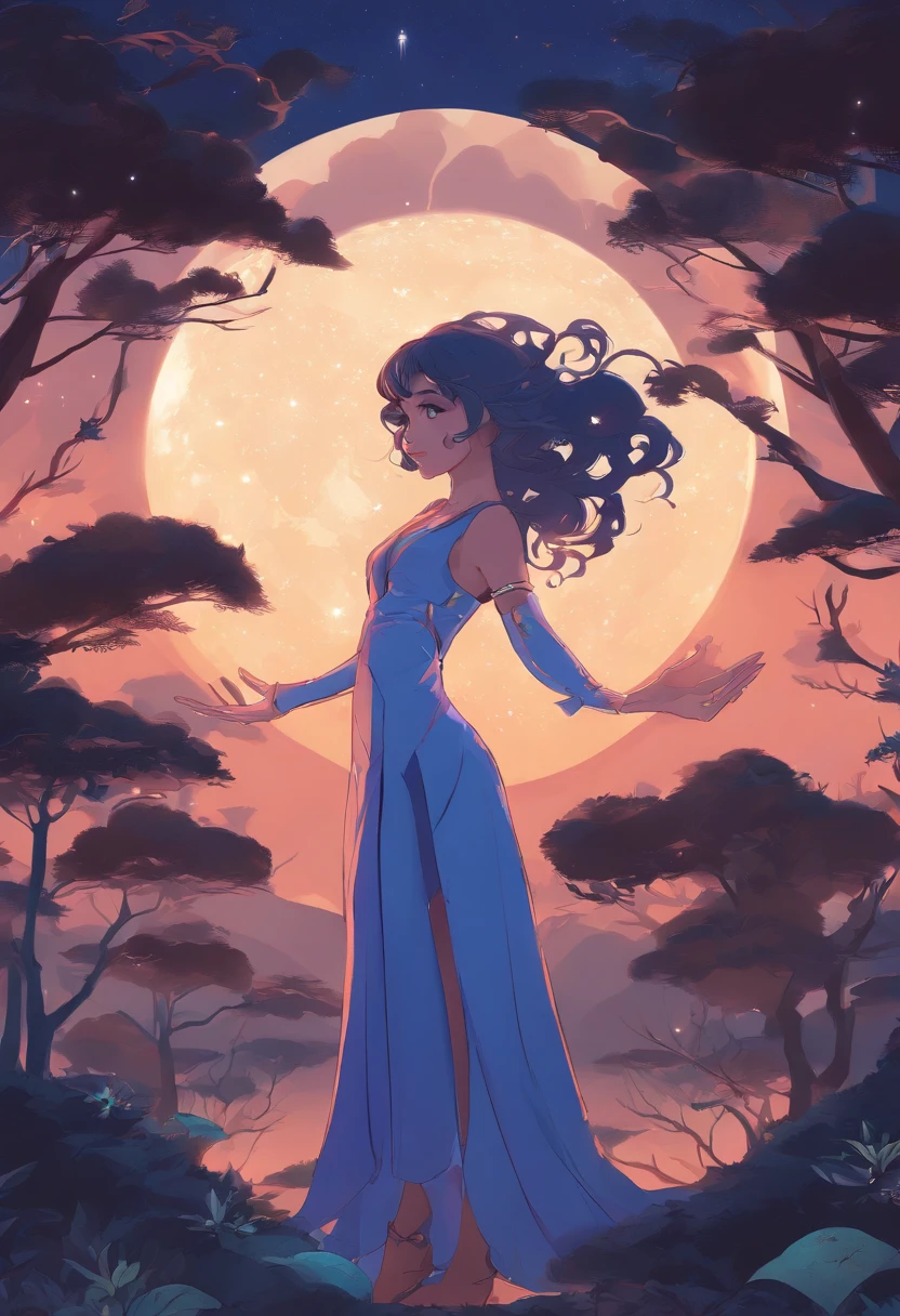 Uma mulher misteriosa Shadow , sua pele um azul profundo, segurando uma bola de energia azul reluzentes sob a noite iluminada pela lua,, starly sky, 8k, estilo anime inspirado no noir, high resolution, Quick Hands, olhar penetrante, detailed eyes and hands, Traje sombrio e reluzente como estrelas, Equipamento azul meia-noite e prata, ready-made blades, silencioso como um sussurro, focused expression, 2d illustration, longos cabelos negros, cabelo como a noite, cabelo detalhado, olhos de lavanda, assombrando os olhos de lavanda, Olhos detalhados, eyes that reveal nothing, A Lua Silenciosa Acima, furtividade, Starry sky in the background with shadowy trees, personification of the goddess of the night, deusa Nix.