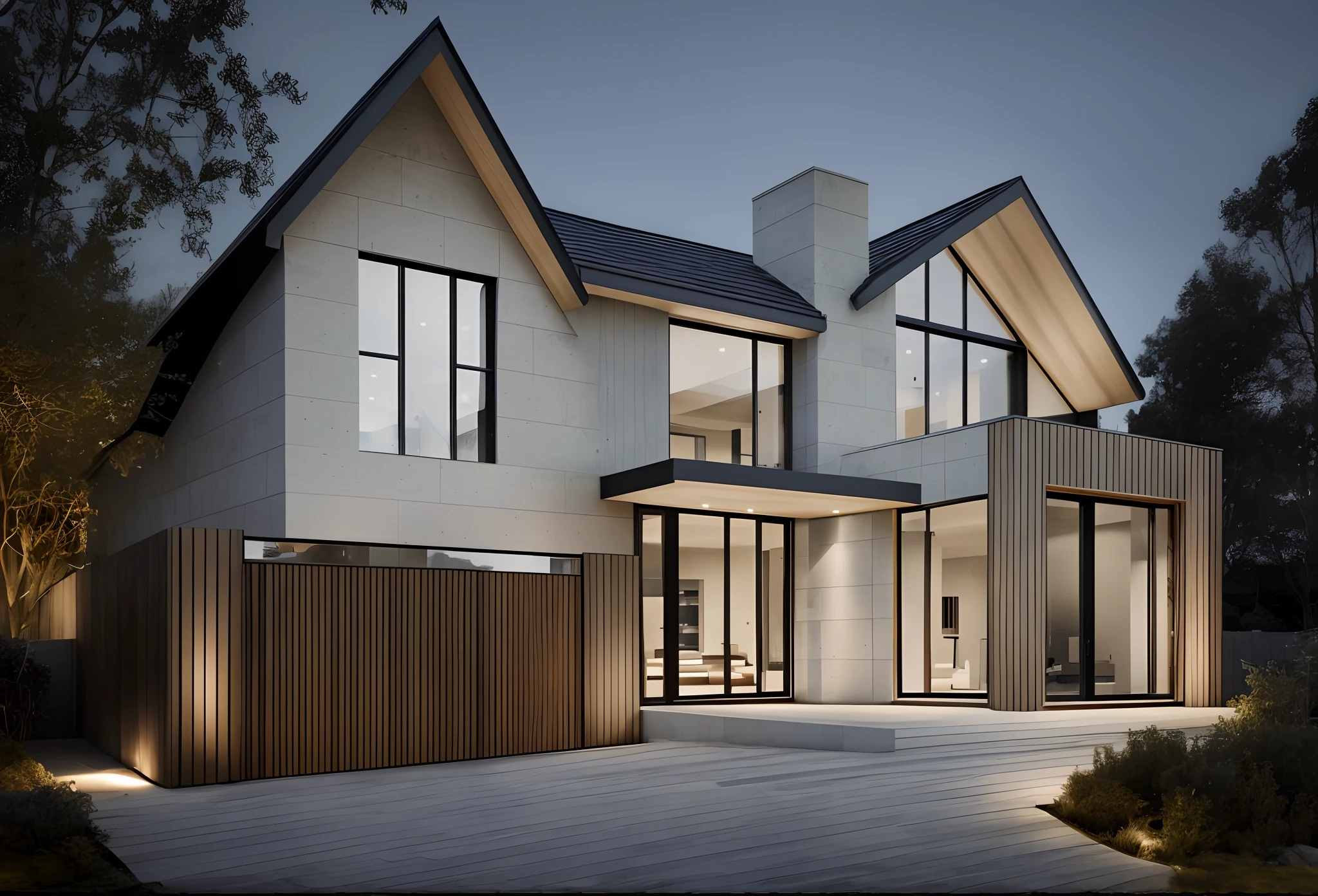 gable roof, modern Scandinavian house, floor-to-ceiling windows, smooth limestone accents, wood accents, exterior design, award winning render, contemporary house, a photorealistic rendering, fully detailed render, large modern residence, 4k, dusk, dramatic exterior lighting