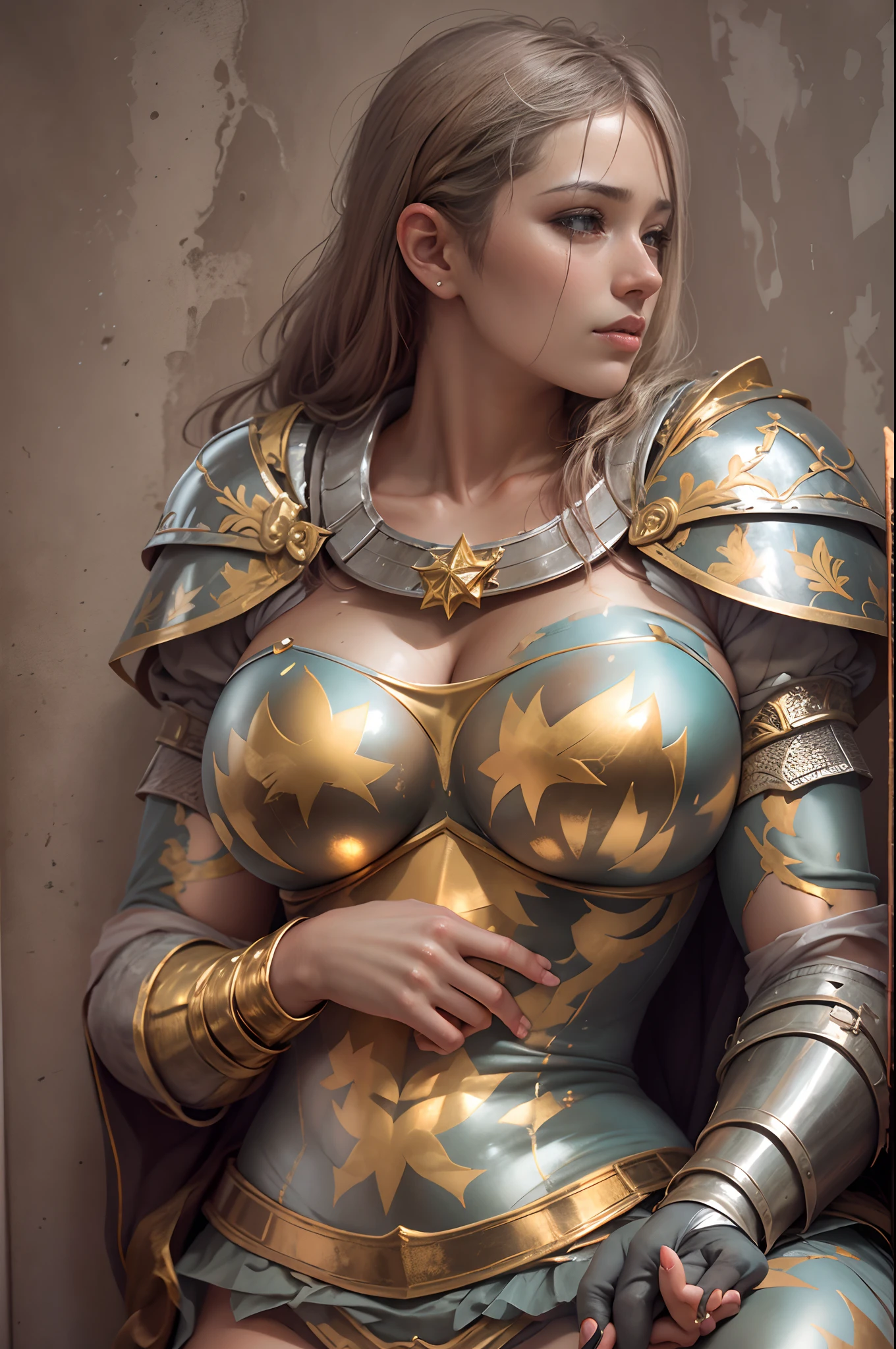 A beautiful woman expressing jeanne d'arc with gold and platinum body paint,Colossal tits,all-fours