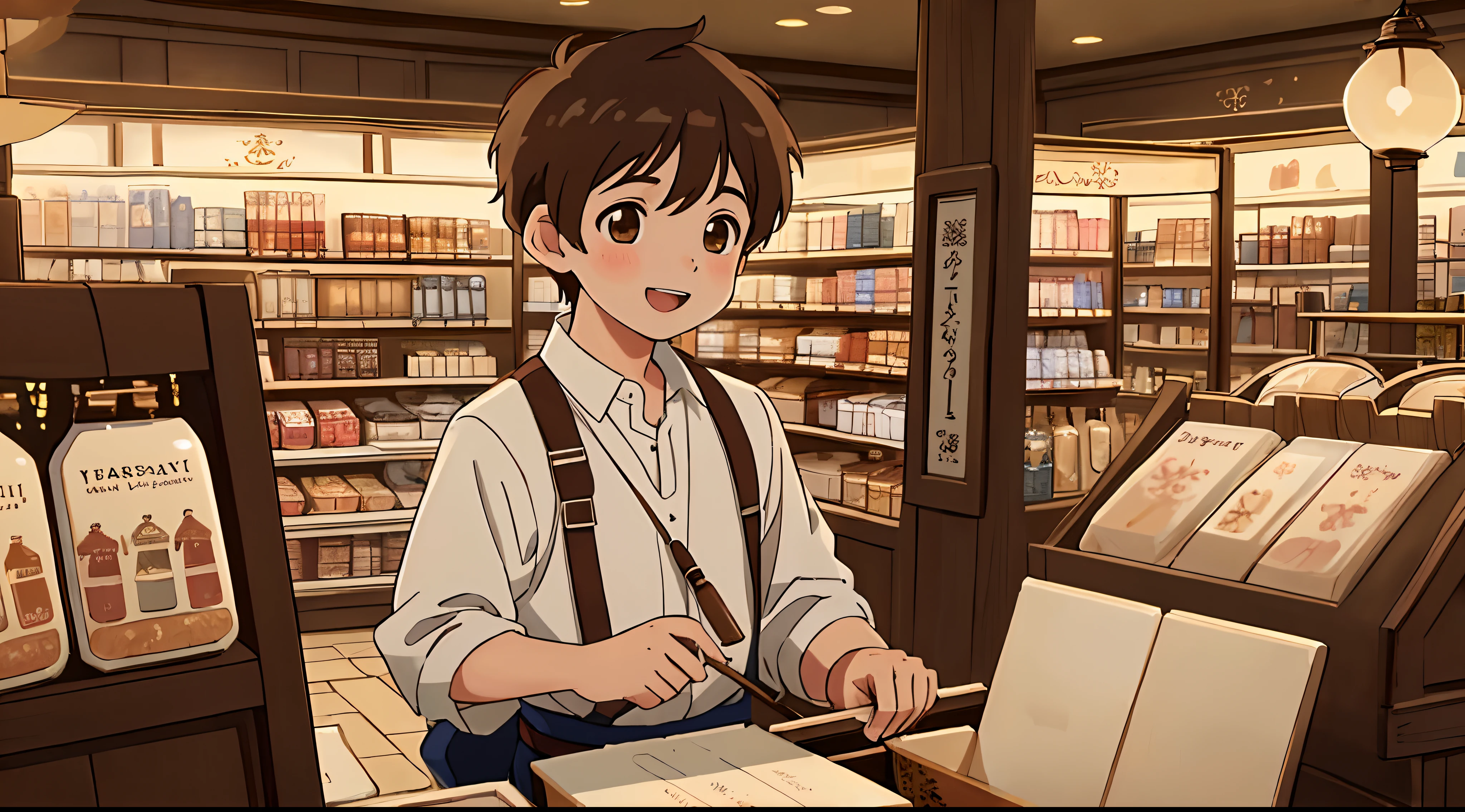 (Best quality:1.2), (masterpiece:1.2), (highly detailed:1.3), 1boy, solo, 1 younger boy, peasant, brown hair, brown eyes, happy, in a store, Sparse light, Night, anime