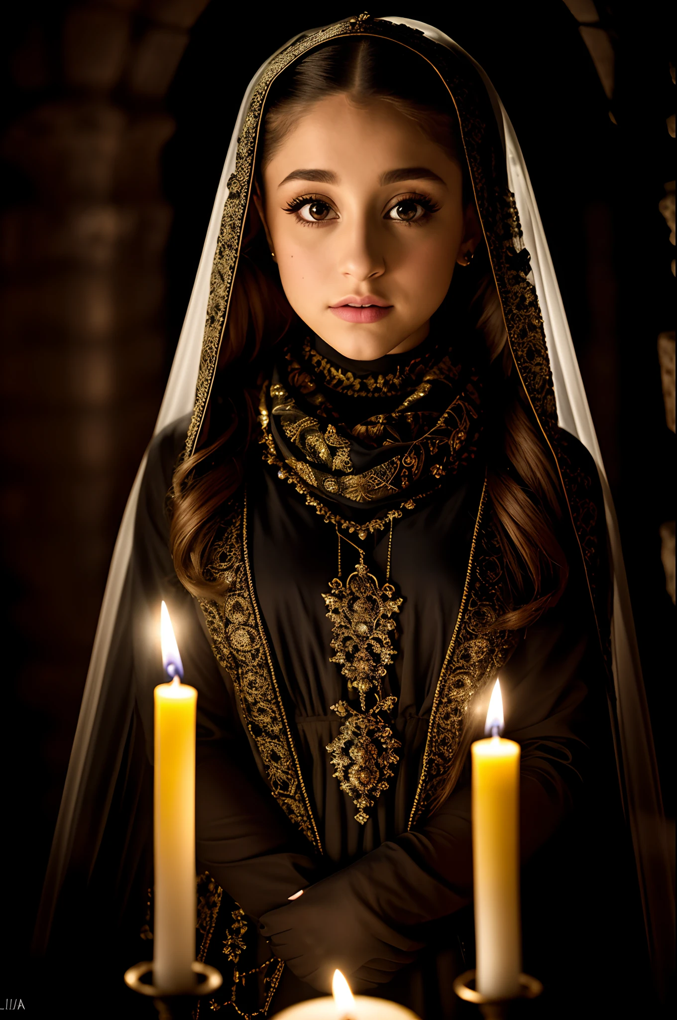 Resolution,Intricate portrait of the beautiful Ariana Grande,triadic colors,8K,Illuminated by warmly lit candles,Set against the backdrop of a spooky dungeon . Stunning interpretive visuals,Minimalist scarf and veil. F1.0 shots,Tilt-Shift,Salou degrees of freedom. Dramatic lighting. Chiaroscuro,