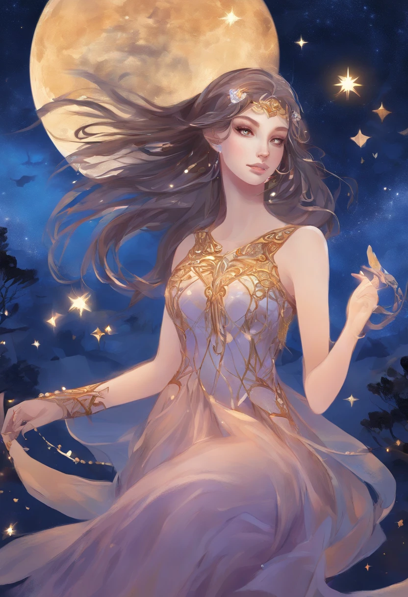 Uma mulher misteriosa Shadow , sua pele um azul profundo, segurando uma bola de energia azul reluzentes sob a noite iluminada pela lua,, starly sky, 8k, estilo anime inspirado no noir, high resolution, Quick Hands, olhar penetrante, detailed eyes and hands, Traje sombrio e reluzente como estrelas, Equipamento azul meia-noite e prata, ready-made blades, silencioso como um sussurro, focused expression, 2d illustration, longos cabelos negros, cabelo como a noite, cabelo detalhado, olhos de lavanda, assombrando os olhos de lavanda, olhos detalhados, olhos que nada revelam, A Lua Silenciosa Acima, furtividade, Starry sky in the background with shadowy trees, personification of the goddess of the night, deusa Nix.