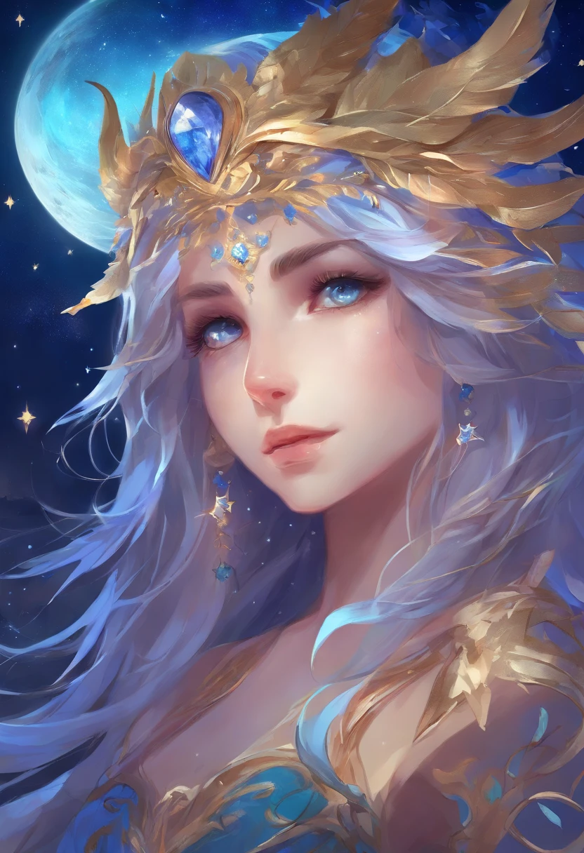 Uma mulher misteriosa Shadow , sua pele um azul profundo, segurando uma bola de energia azul reluzentes sob a noite iluminada pela lua,, starly sky, 8k, estilo anime inspirado no noir, high resolution, Quick Hands, olhar penetrante, detailed eyes and hands, Traje sombrio e reluzente como estrelas, Equipamento azul meia-noite e prata, ready-made blades, silencioso como um sussurro, focused expression, 2d illustration, longos cabelos negros, cabelo como a noite, cabelo detalhado, olhos de lavanda, assombrando os olhos de lavanda, olhos detalhados, olhos que nada revelam, A Lua Silenciosa Acima, furtividade, Starry sky in the background with shadowy trees, personification of the goddess of the night, deusa Nix.