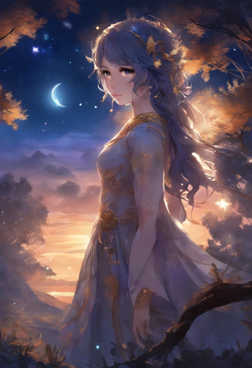 Uma mulher misteriosa Shadow , sua pele um azul profundo, segurando uma bola de energia azul reluzentes sob a noite iluminada pela lua,, starly sky, 8k, estilo anime inspirado no noir, high resolution, Quick Hands, olhar penetrante, detailed eyes and hands, Traje sombrio e reluzente como estrelas, Equipamento azul meia-noite e prata, ready-made blades, silencioso como um sussurro, focused expression, 2d illustration, longos cabelos negros, cabelo como a noite, cabelo detalhado, olhos de lavanda, assombrando os olhos de lavanda, olhos detalhados, olhos que nada revelam, A Lua Silenciosa Acima, furtividade, Starry sky in the background with shadowy trees, personification of the goddess of the night, deusa Nix.