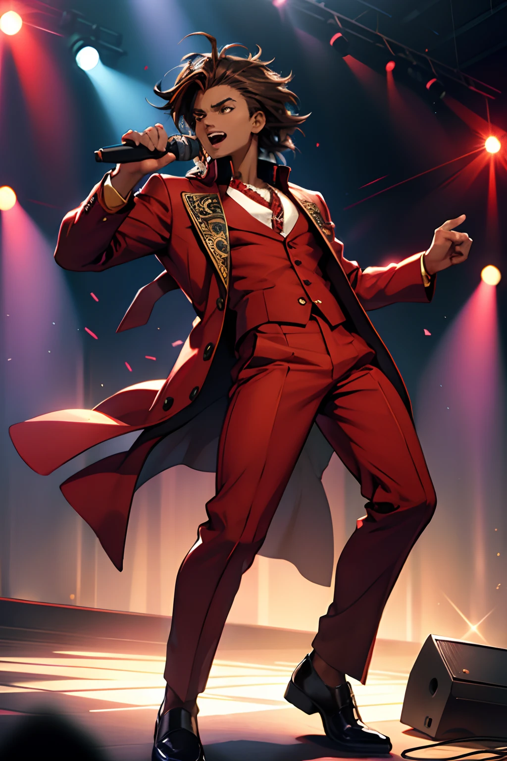 black young man, negro, messy hair, brown hair, jojo pose, show, red suit, lindo, festa, dance, microphone, singing