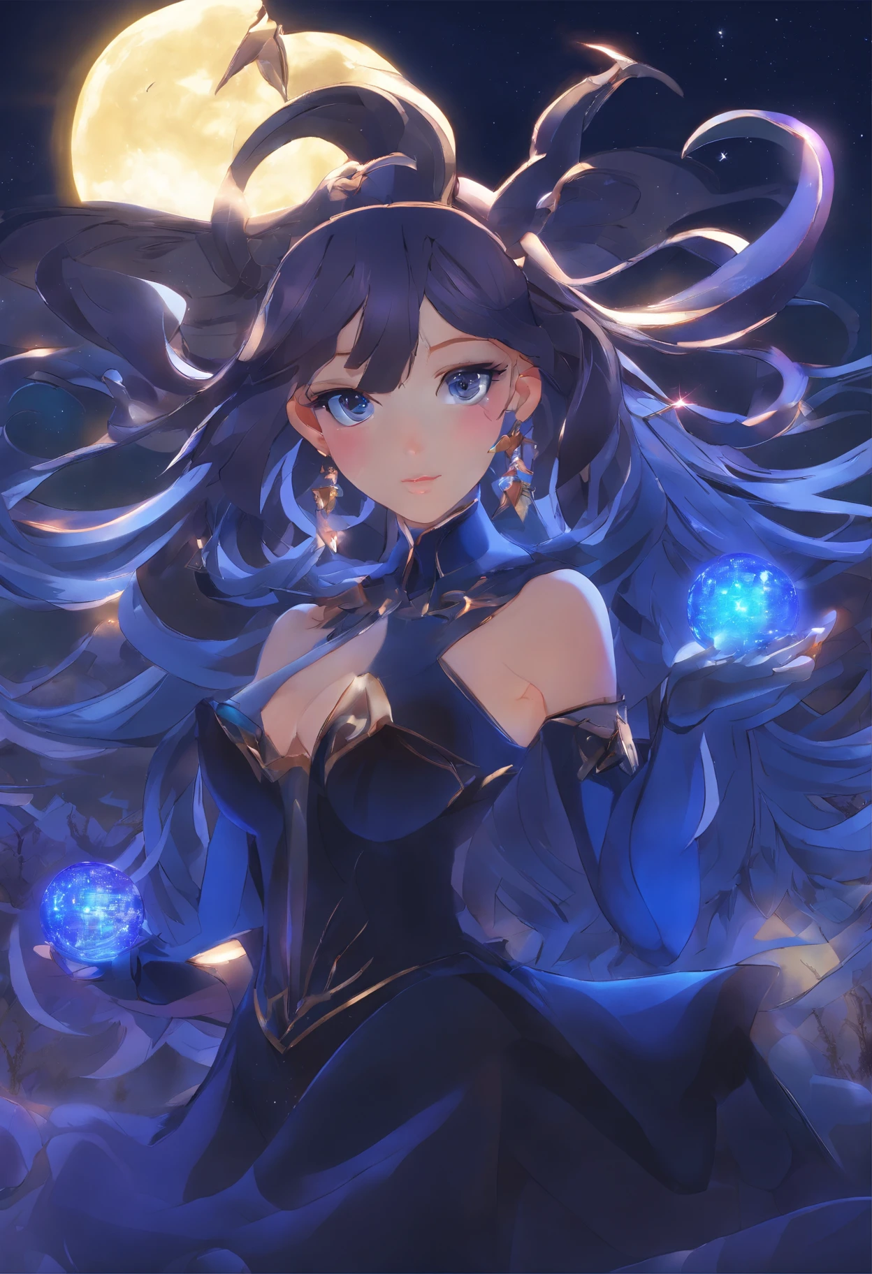 Uma mulher misteriosa Shadow , sua pele um azul profundo, segurando uma bola de energia azul reluzentes sob a noite iluminada pela lua,, starly sky, 8k, estilo anime inspirado no noir, high resolution, Quick Hands, olhar penetrante, detailed eyes and hands, Traje sombrio e reluzente como estrelas, Equipamento azul meia-noite e prata, ready-made blades, silencioso como um sussurro, focused expression, 2d illustration, longos cabelos negros, cabelo como a noite, cabelo detalhado, olhos de lavanda, assombrando os olhos de lavanda, Olhos detalhados, eyes that reveal nothing, A Lua Silenciosa Acima, furtividade, Starry sky in the background with shadowy trees, personification of the goddess of the night, deusa Nix.