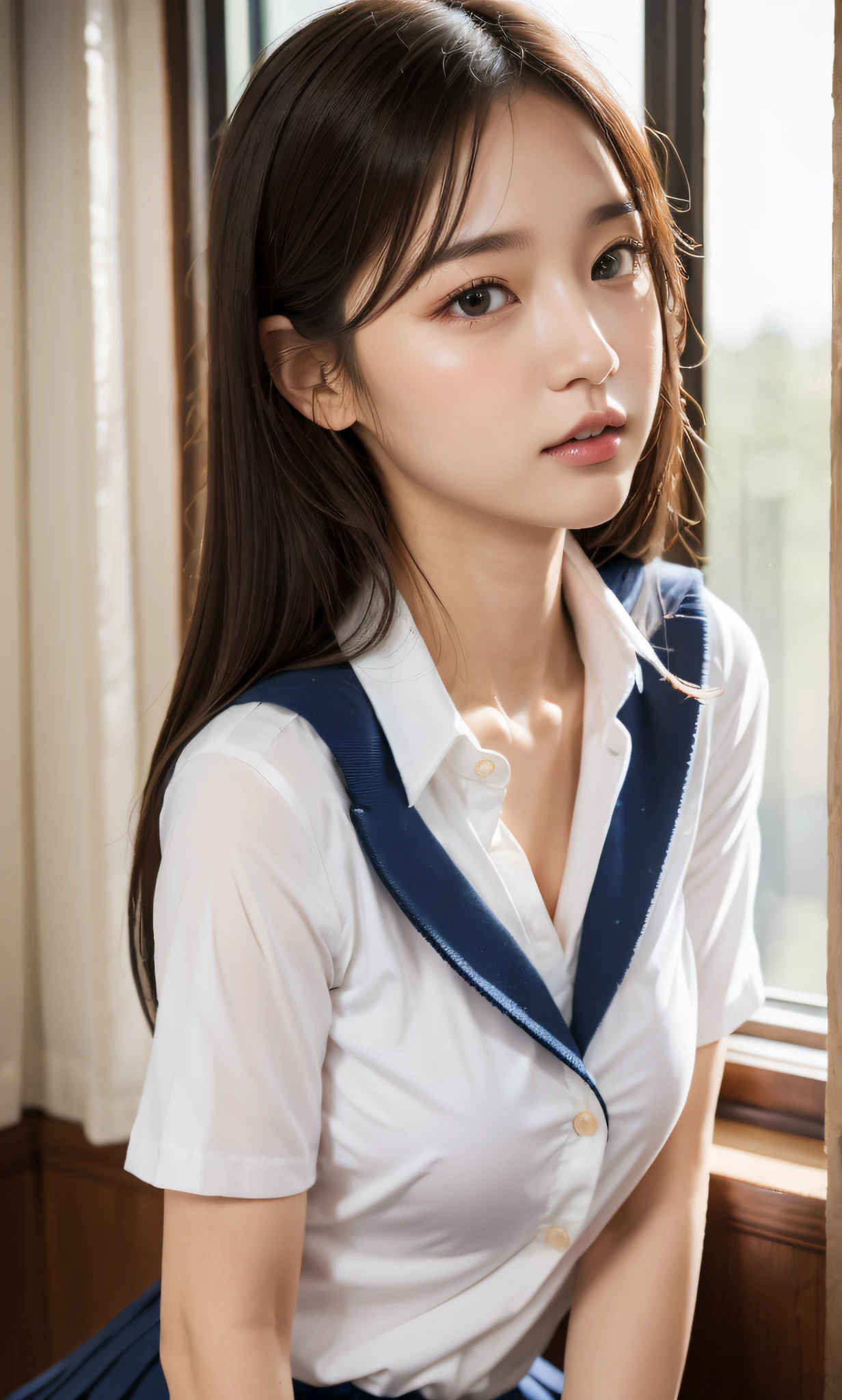 ultra-detailliert、hight resolution、top-quality、Masterpiece、(Raw foto:1.2)、(Photorealsitic:1.4)、8k wallpaper、1girl in、beautiful a girl、extra detailed face:1.3、beatiful detailed eyes:1.3、((JK school uniform:1.2))、huge-breasted:1.2、cleavage of the breast、 cinematlic lighting、 (witheout panties)、(panthyhose)