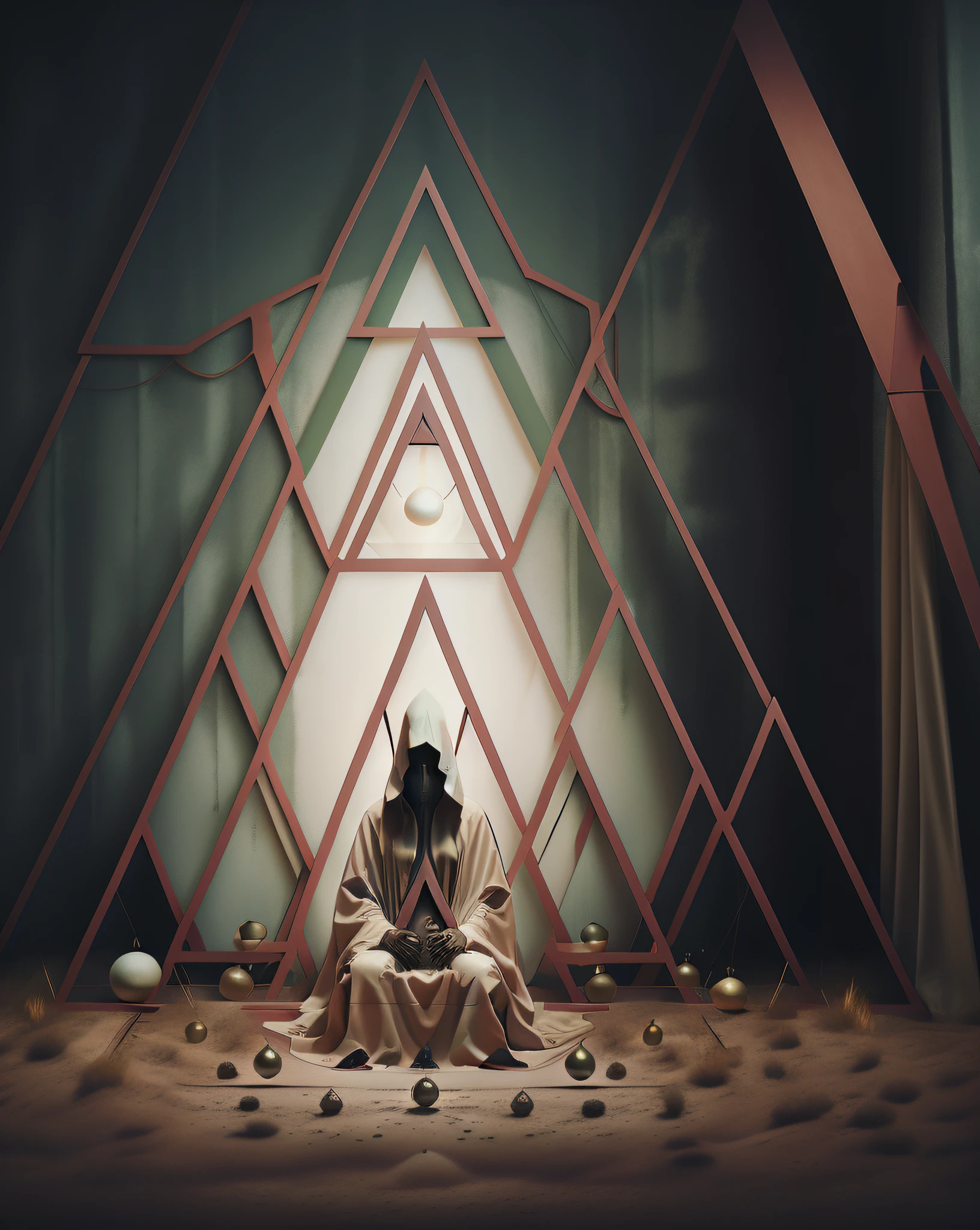 a person in a hooded robe sitting in a triangle with balls around it and a triangle with a person in it, Elsa Bleda, dark art, poster art, aestheticism, portrait of a futuristic shaman voodoo master cyborg, in the style of ghost in the shell, kintsugi, modern fine art, fractal, intricate, elegant, highly detailed, digital photography, subsurface scattering, by jheronimus bosch and greg rutkowski, real life,
